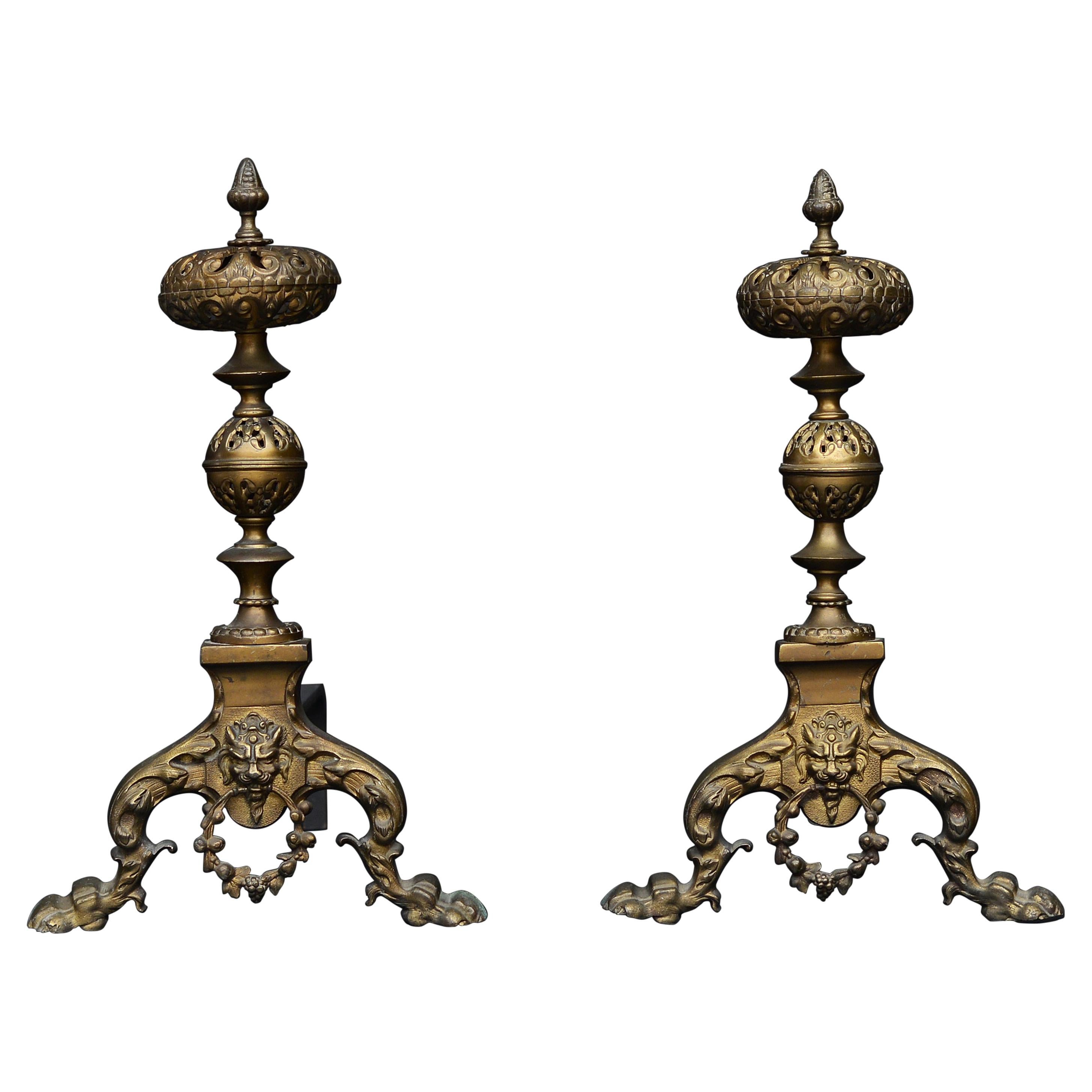 Pair of Ornate Brass Firedogs