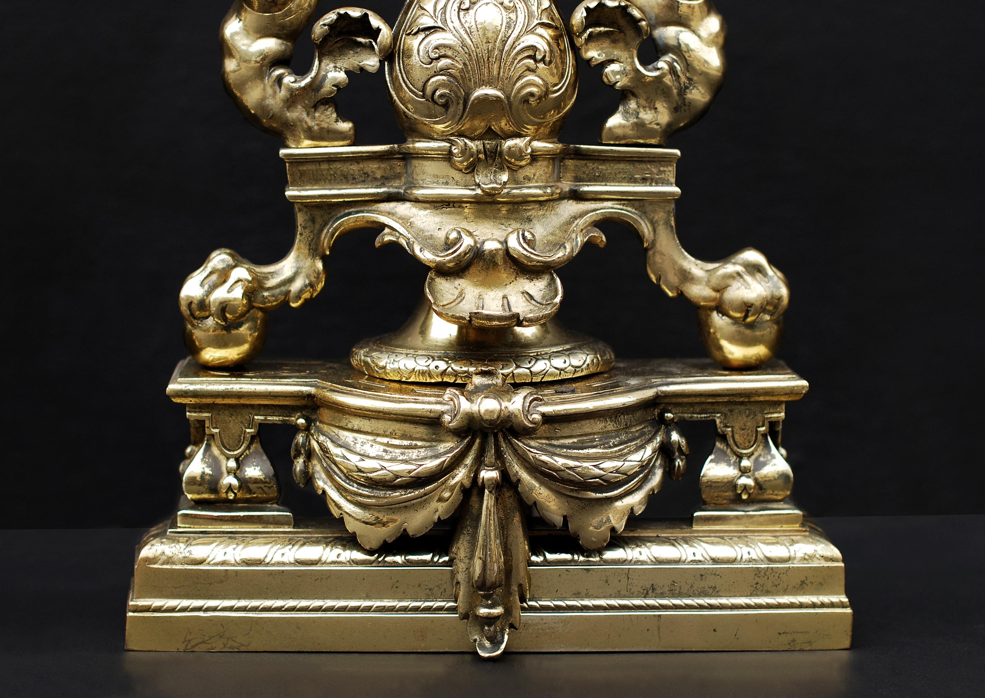 Brass Pair of Ornate English 19th Century Andirons For Sale
