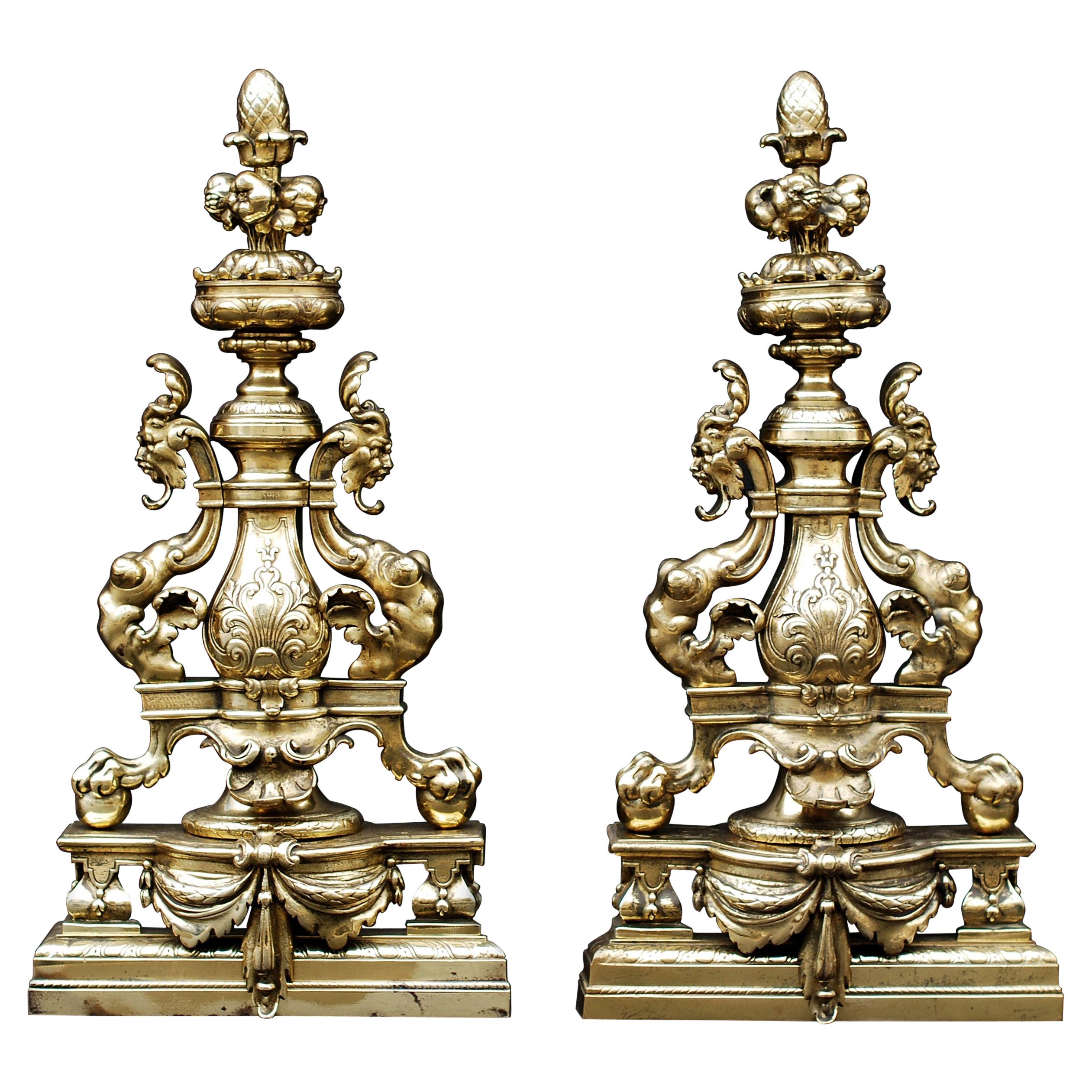 Pair of Ornate English 19th Century Andirons For Sale