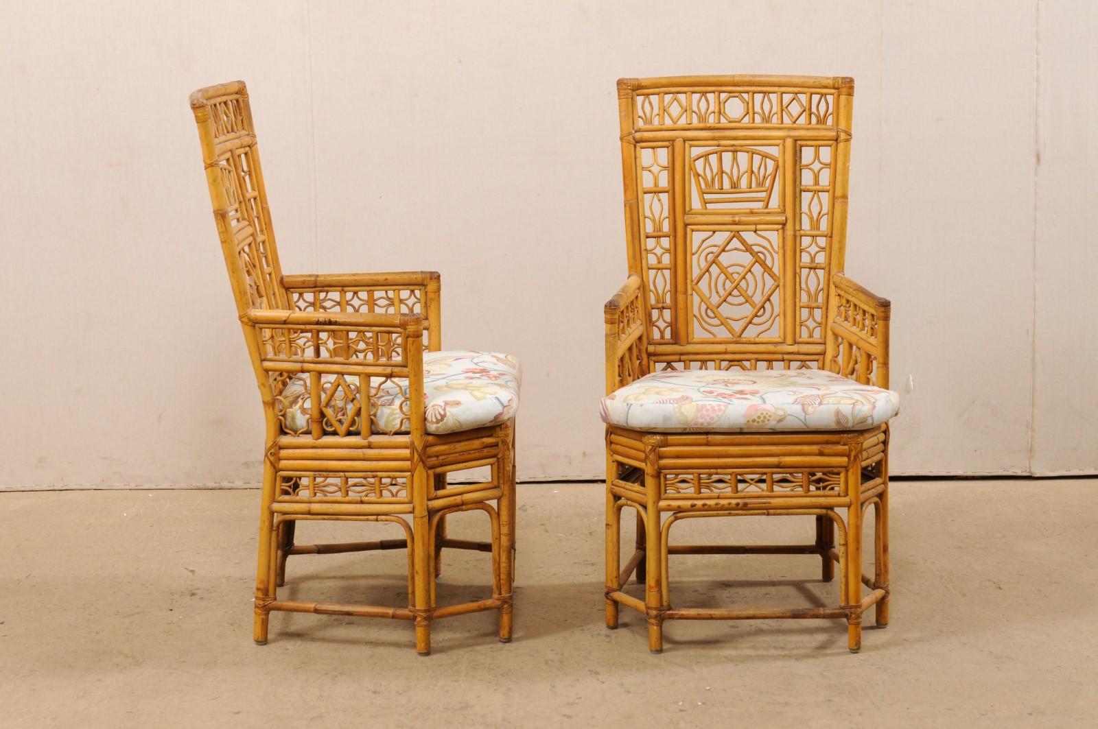 Thai Pair of Ornately Designed Bamboo Occasional High-Back Armchairs