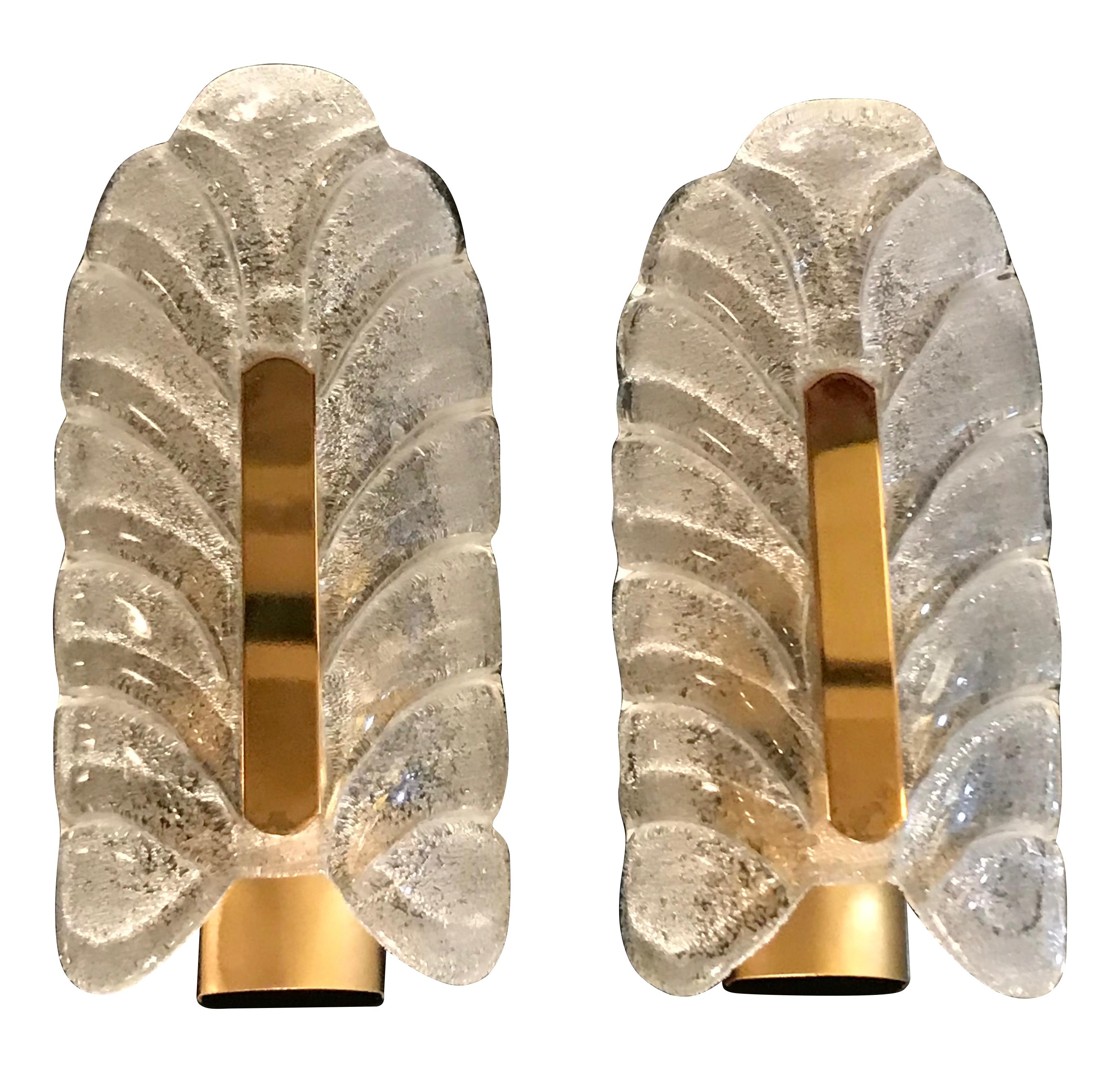 Swedish Pair of Orrefors Glass and Brass Leaf Sconces by Carl Fagerlund
