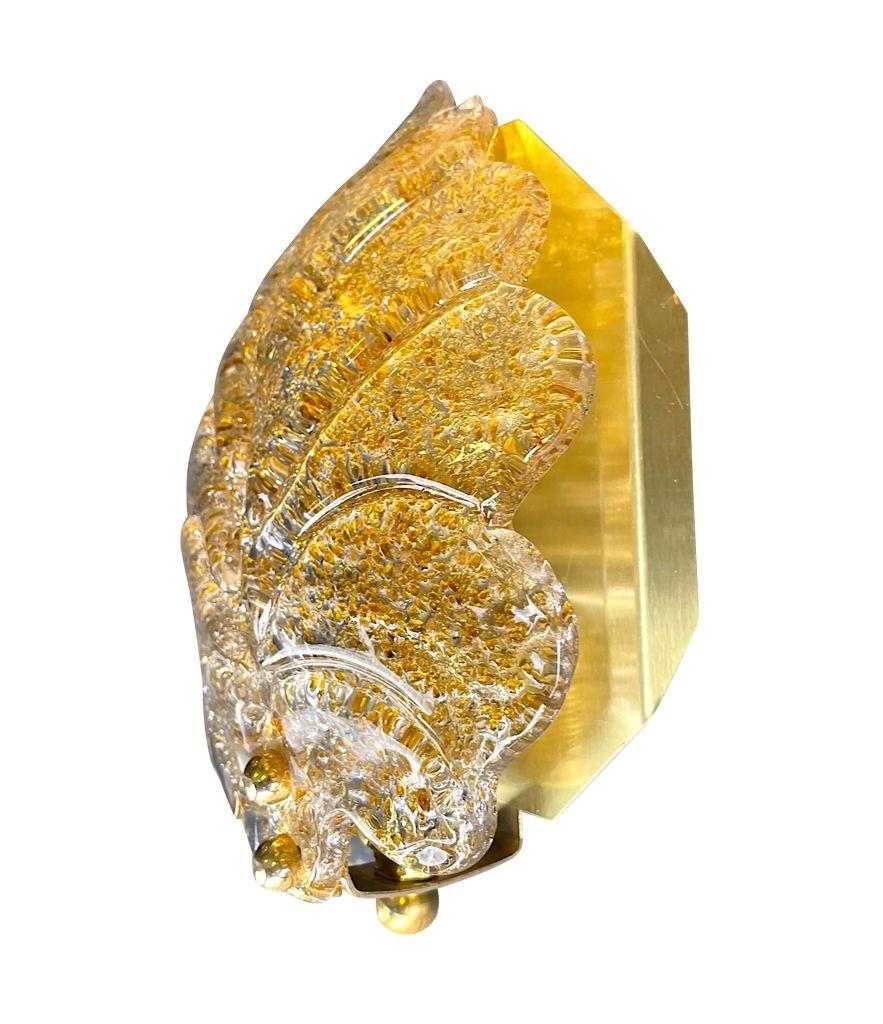 Coppia di appliques di Orrefors in vetro e foglie d'ottone di Reijmyre in vendita 4