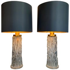Pair of Orrefors Glass Lamps with Brass Fittings and Bespoke New Shades