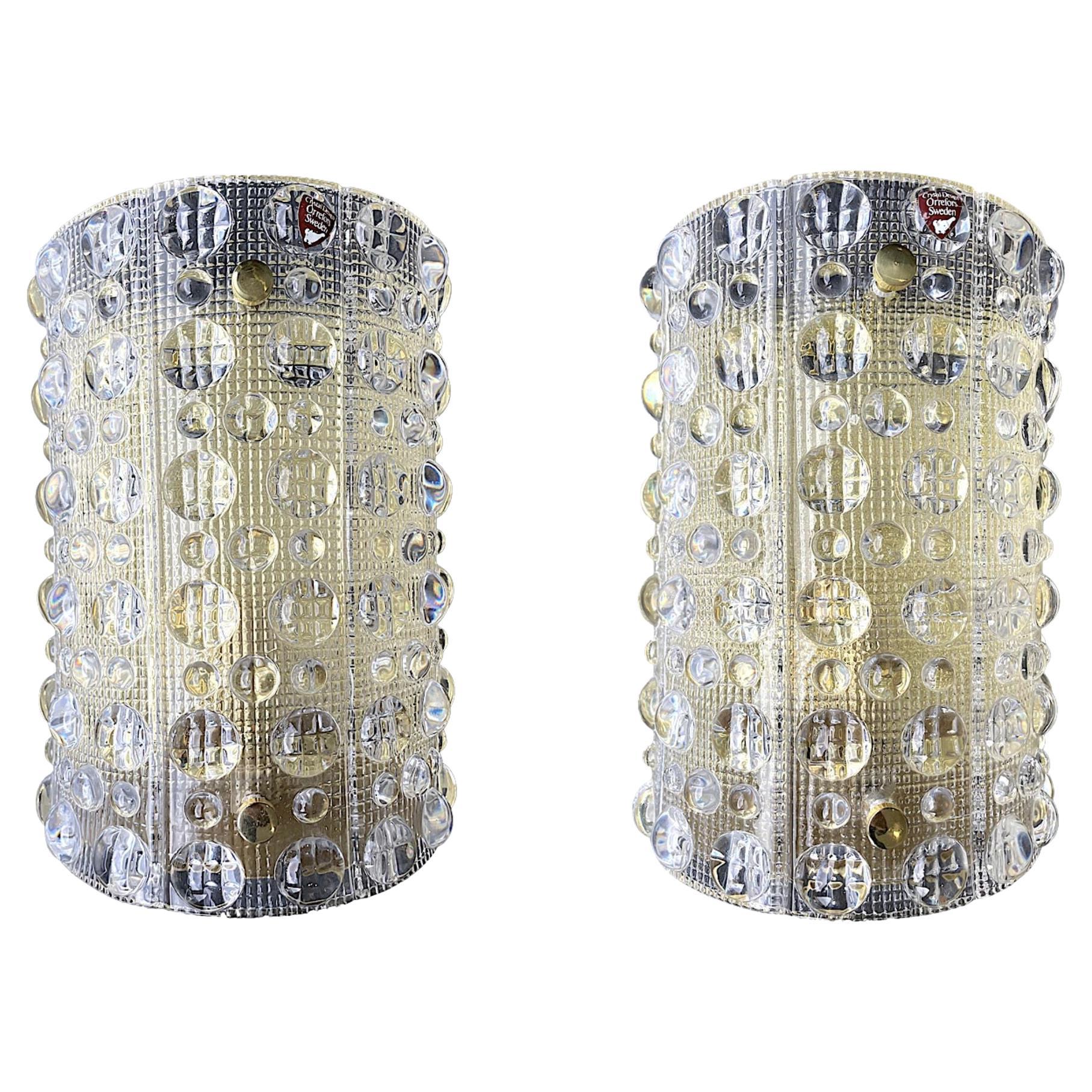 Pair of Orrefors Glass Wall Sconces by Carl Fagerluind for Lyfa