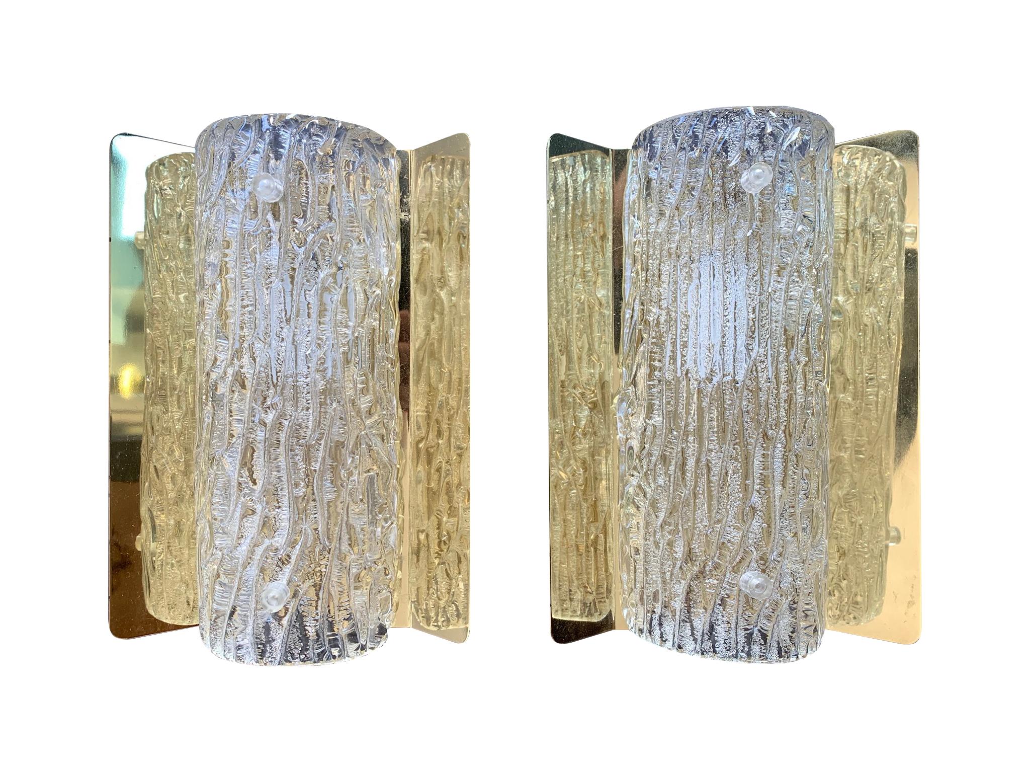 Pair of Orrefors Glass Wall Sconces on Brass Plates by Falkensberg, Sweden 4