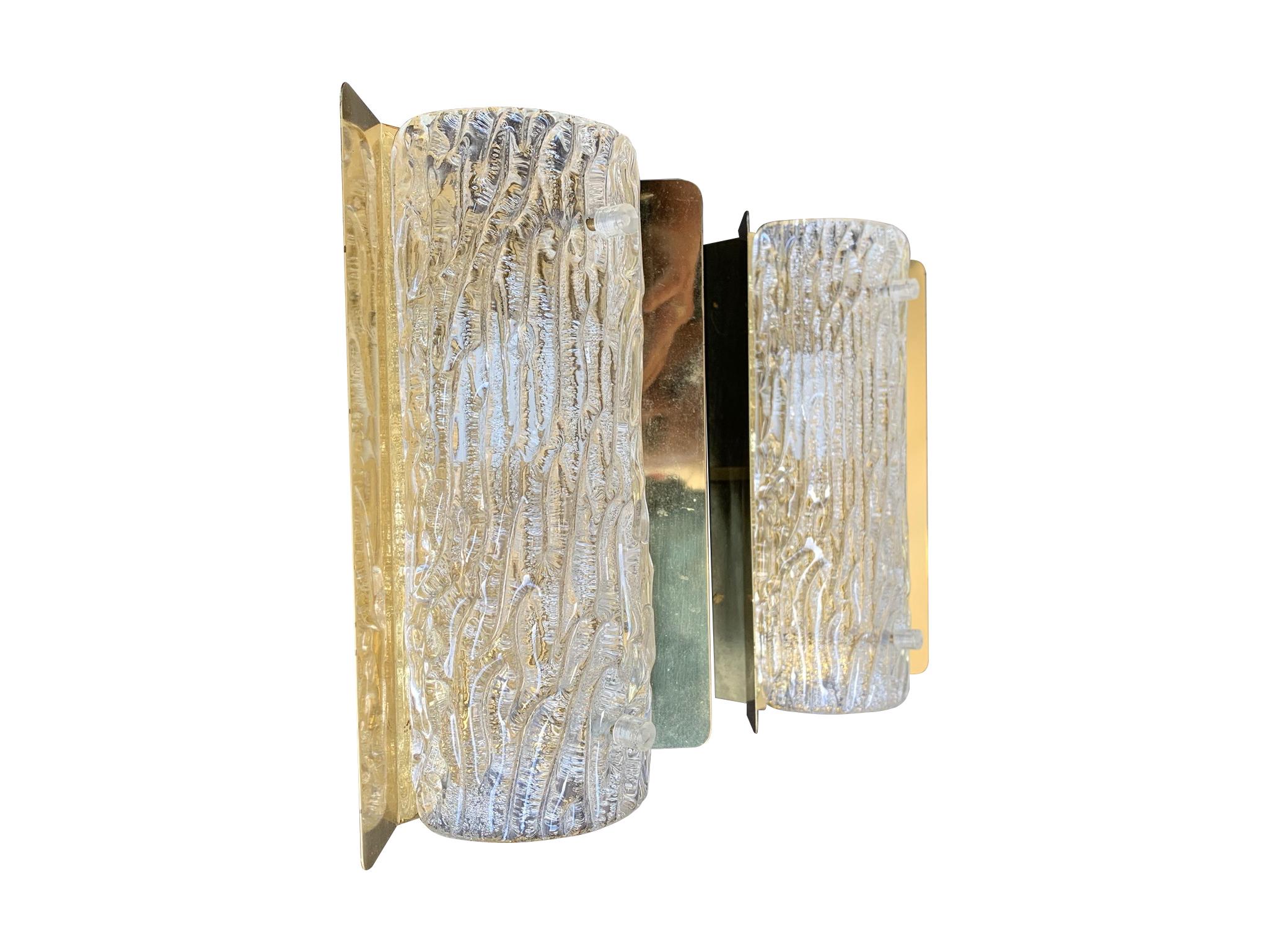 Late 20th Century Pair of Orrefors Glass Wall Sconces on Brass Plates by Falkensberg, Sweden