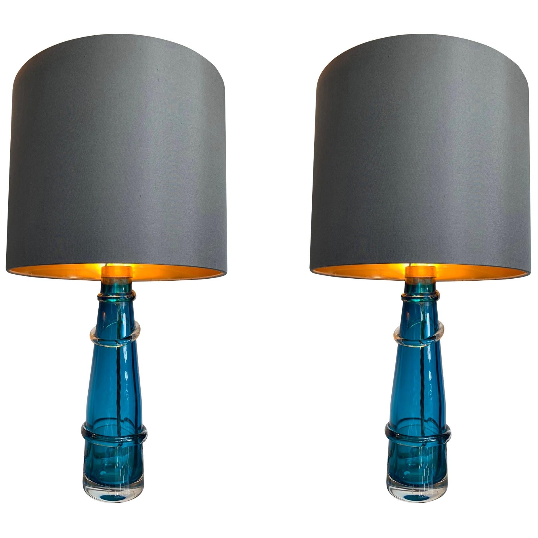 Pair of Orrefors Turquoise Glass Lamps with Brass Fittings and Bespoke