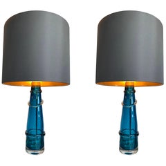 Pair of Orrefors Turquoise Glass Lamps with Brass Fittings and Bespoke Shades