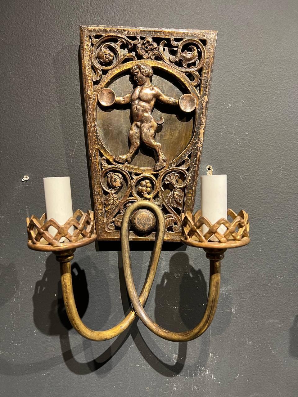 American 1920's Oscar Bach Gothic style Brown Patinated Sconces For Sale
