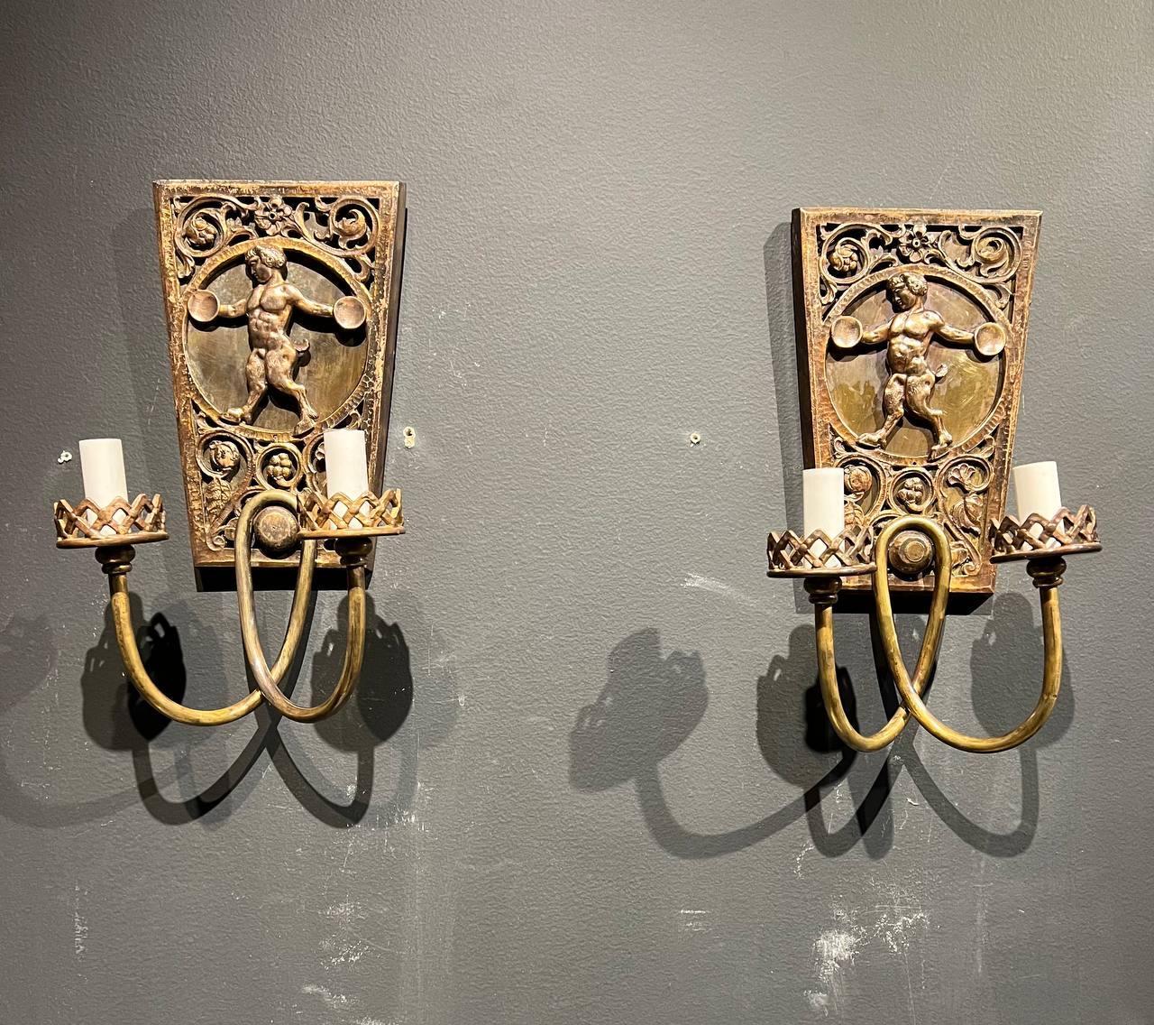 1920's Oscar Bach Gothic style Brown Patinated Sconces In Good Condition For Sale In New York, NY
