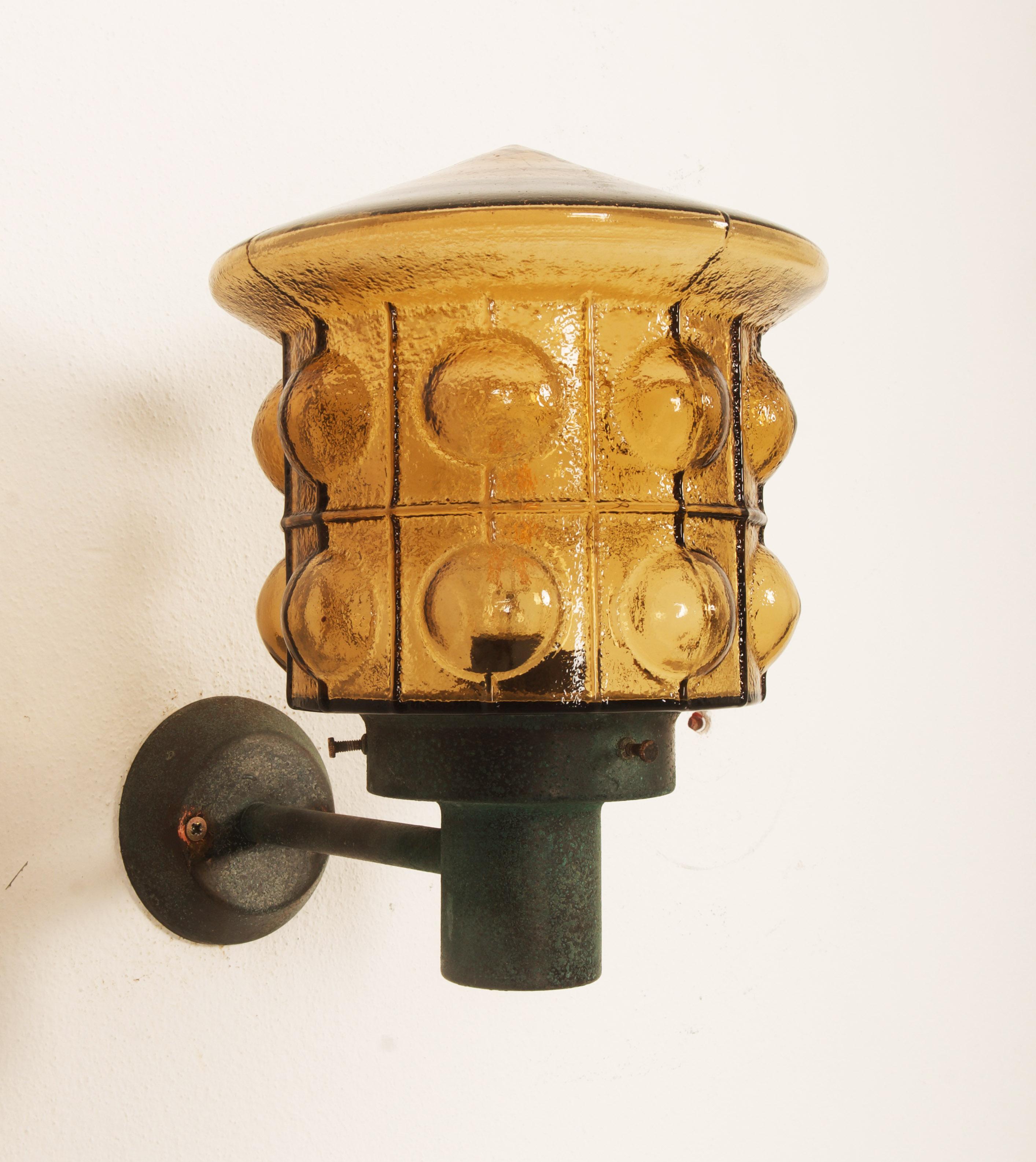 A Pair Of Outdoor Metal Wall Lamps With Glass Shades 6
