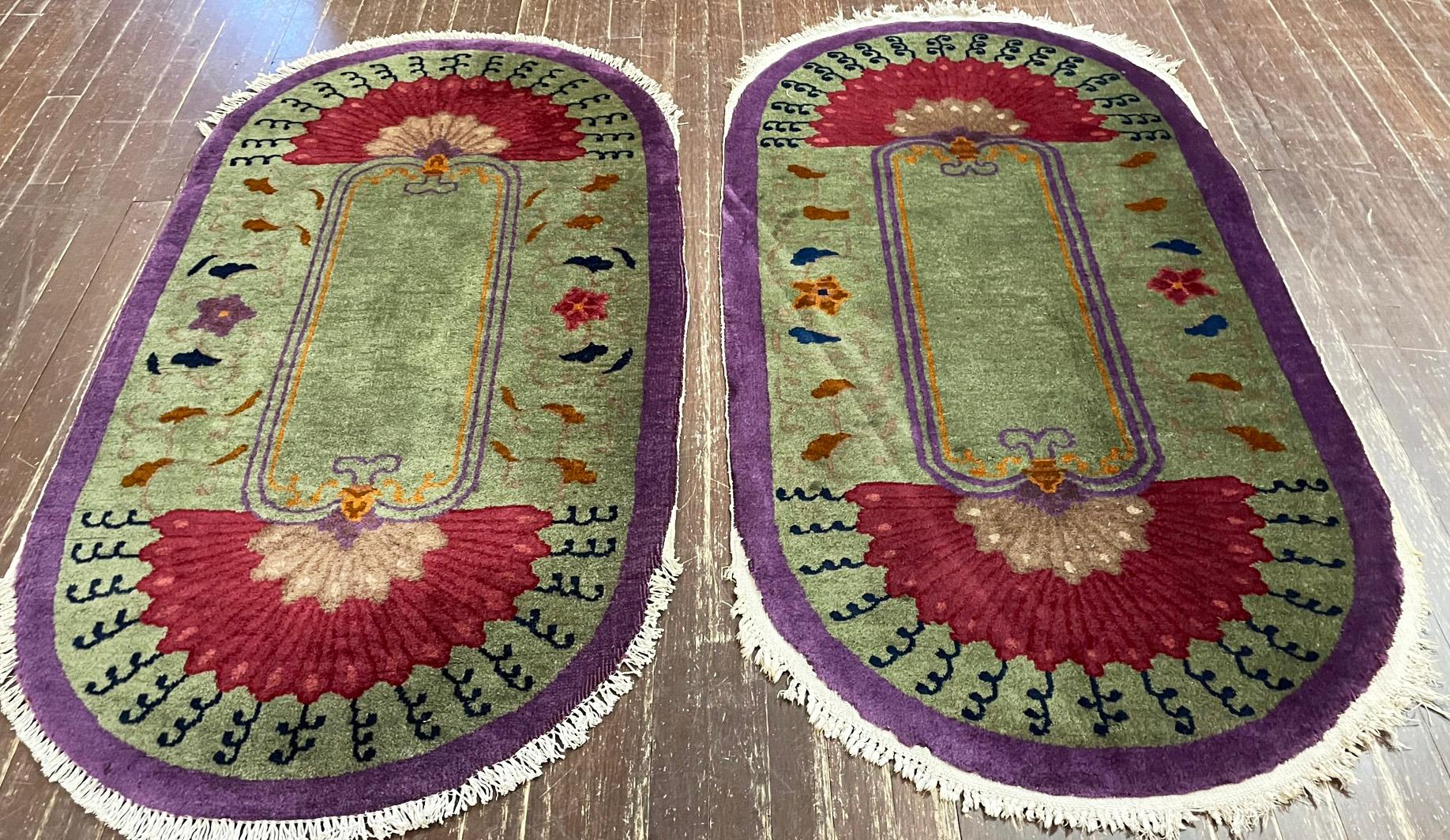 Hand-Knotted Pair of Oval Shape Antique Art Deco Chinese Rugs, Each, c-1920 For Sale
