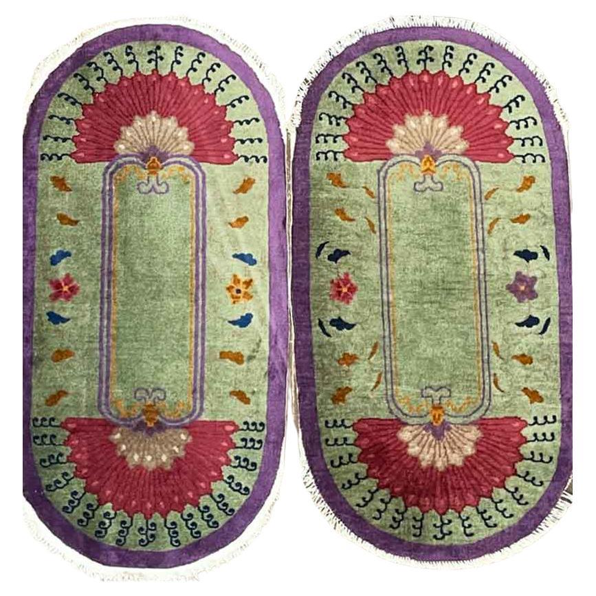 Pair of Oval Shape Antique Art Deco Chinese Rugs, Each, c-1920