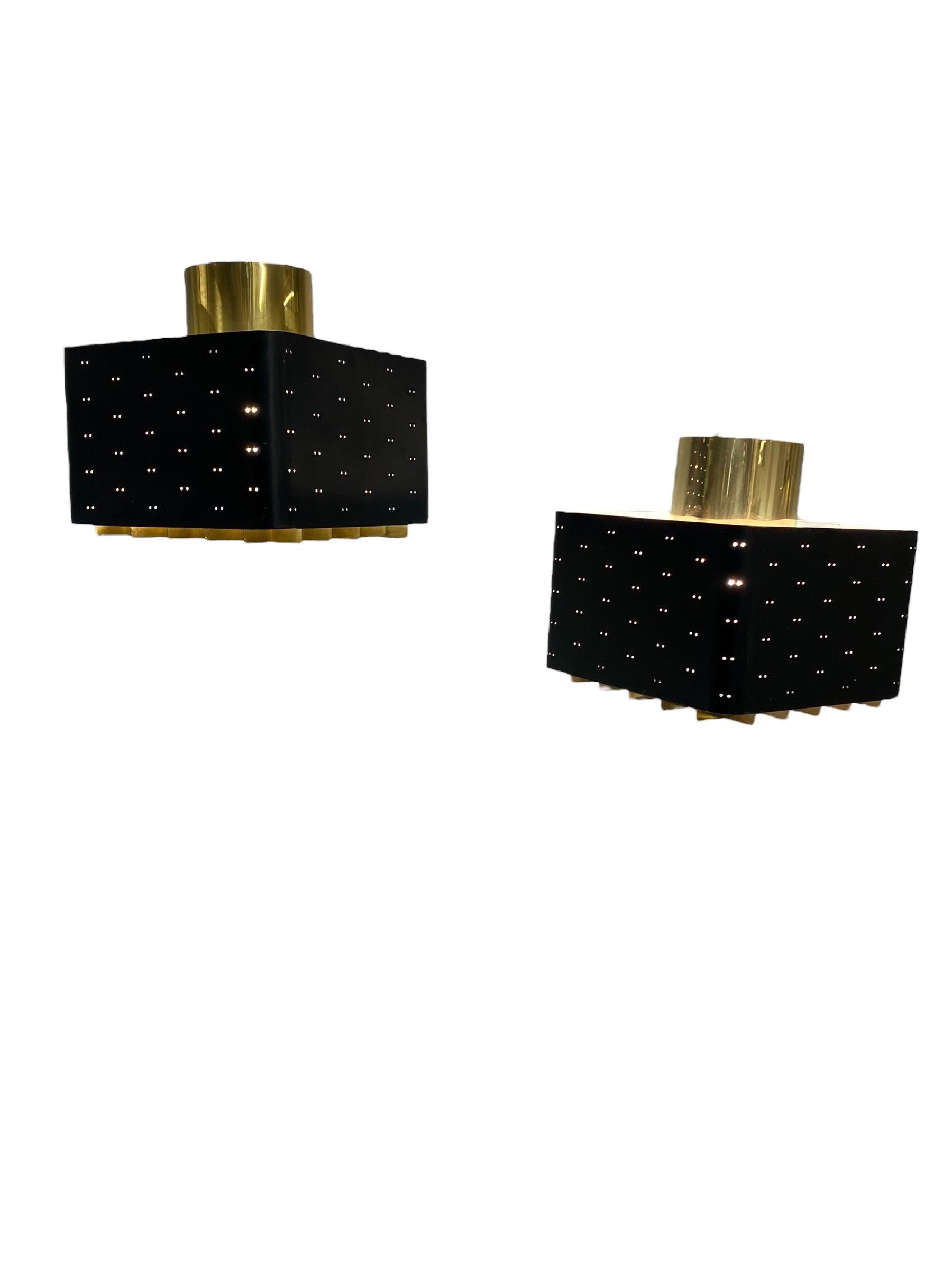 Scandinavian Modern Pair of Paavo Tynell Starry Sky Ceiling Lamps 9068 In Black & Brass, Idman 1960s For Sale
