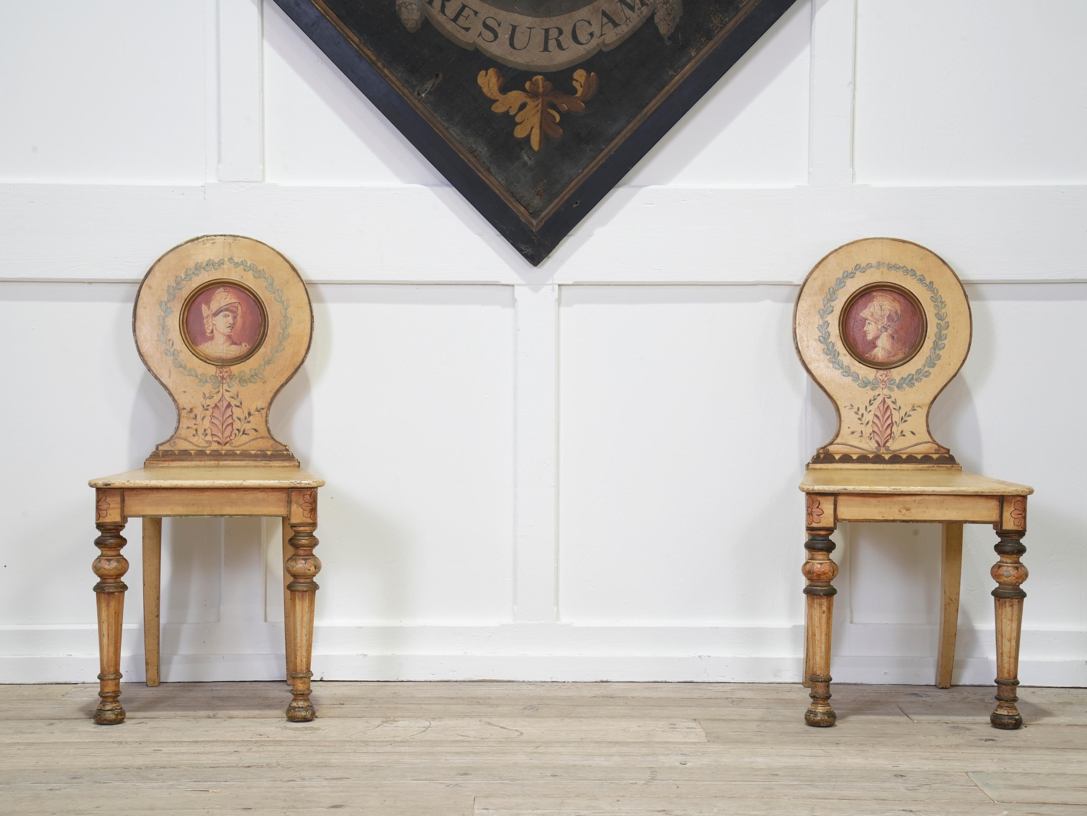 A Pair of Painted 19th Century Hall Chairs For Sale at 1stDibs