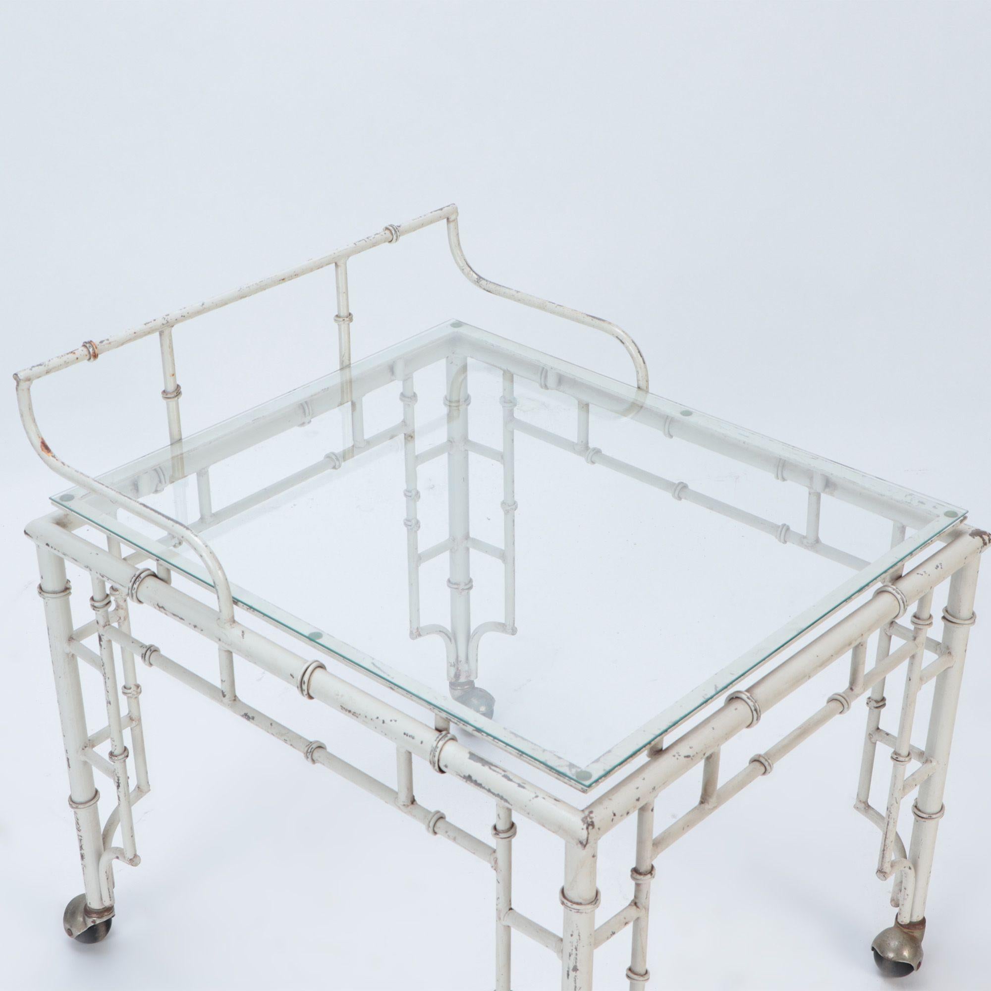 Pair of Painted Aluminum Faux Bamboo and Glass Bar Carts, circa 1970 In Good Condition In Philadelphia, PA