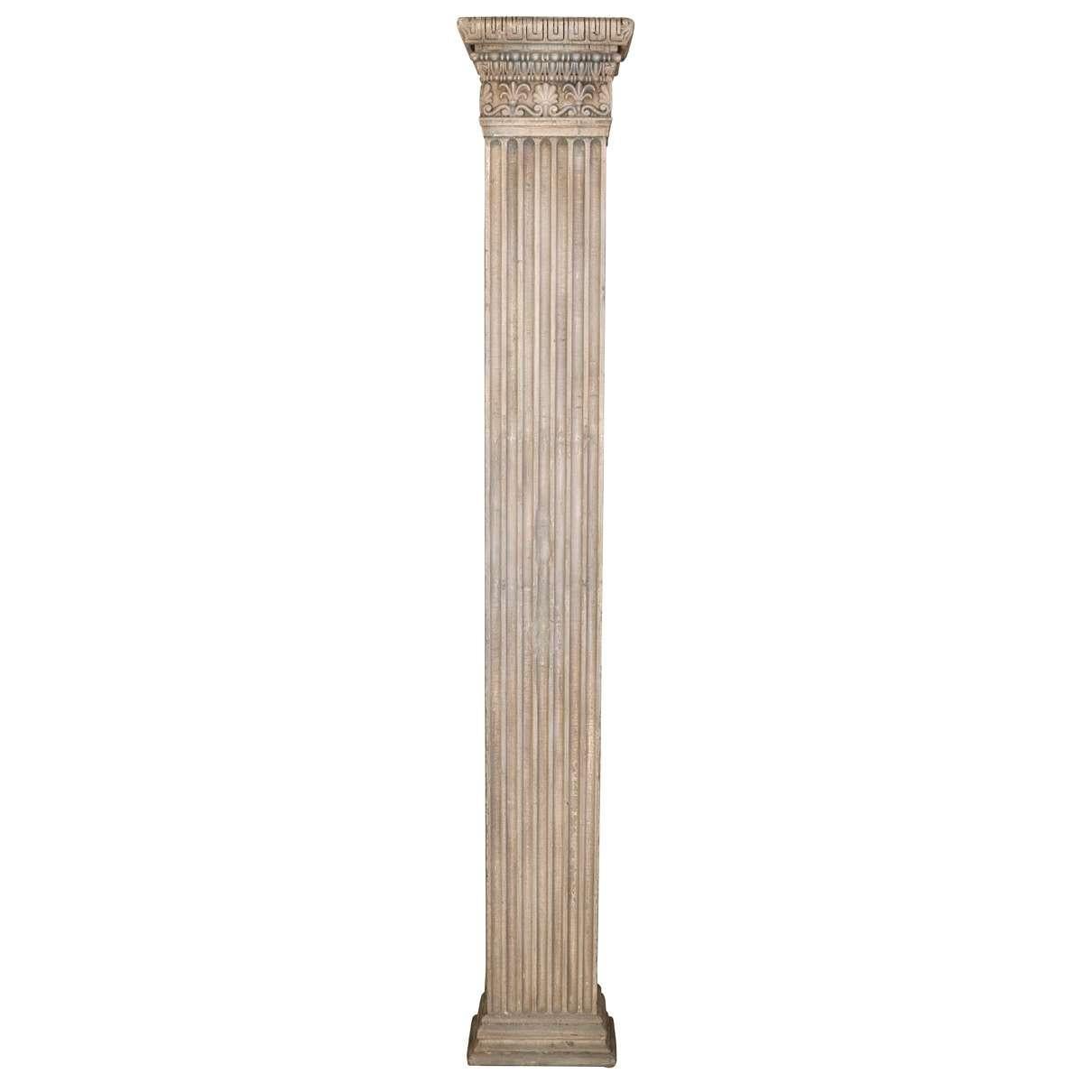 Elegant pair of tall wooden columns, painted in a light neutral tone, featuring crown molding details at the top and bottom. Perfect for adding architectural charm to any space. Priced as a pair.