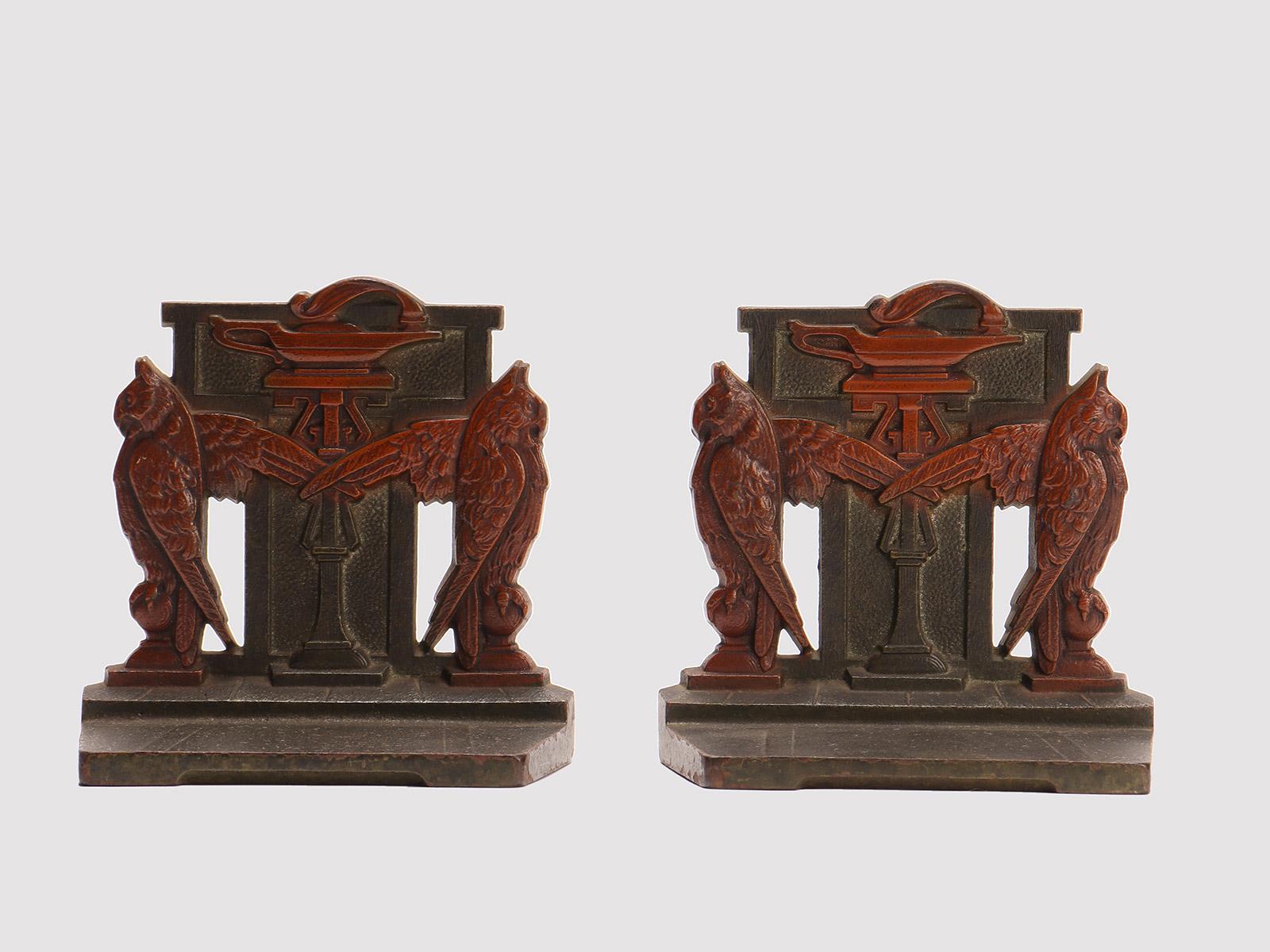 A Pair of painted bronze bookends depicting two owls. Austria circa 1900.