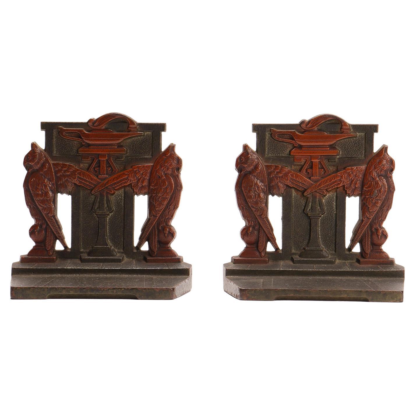 Pair of Painted Bronze Owls Bookends, Austria, circa 1900 For Sale