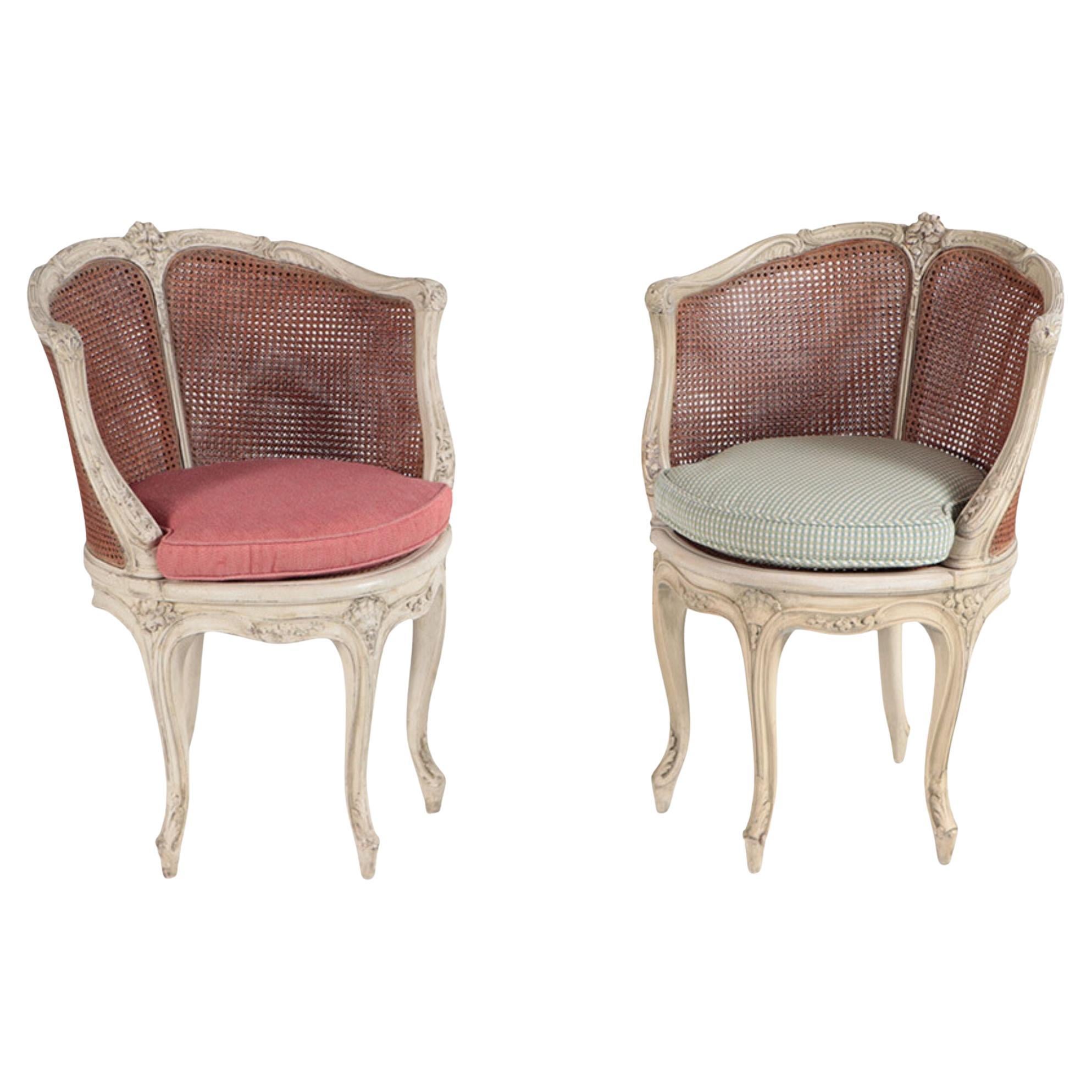 Pair of Painted, Cane and Carved French Louis XV Chairs, circa 1990