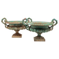 Pair of Painted Cast Iron Jardinieres, Lovely Old Worn Painted Finish/Patina