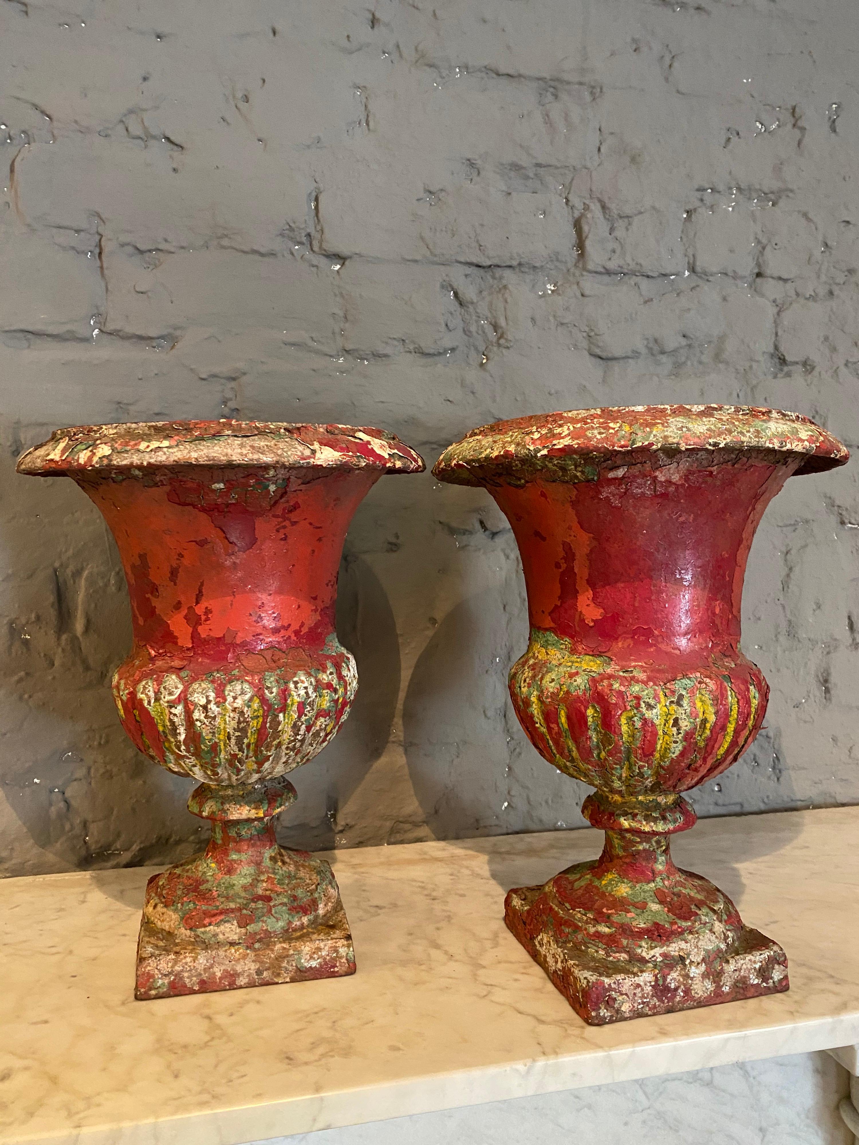 Pair of Painted French 19th Century Cast Iron Urns 4