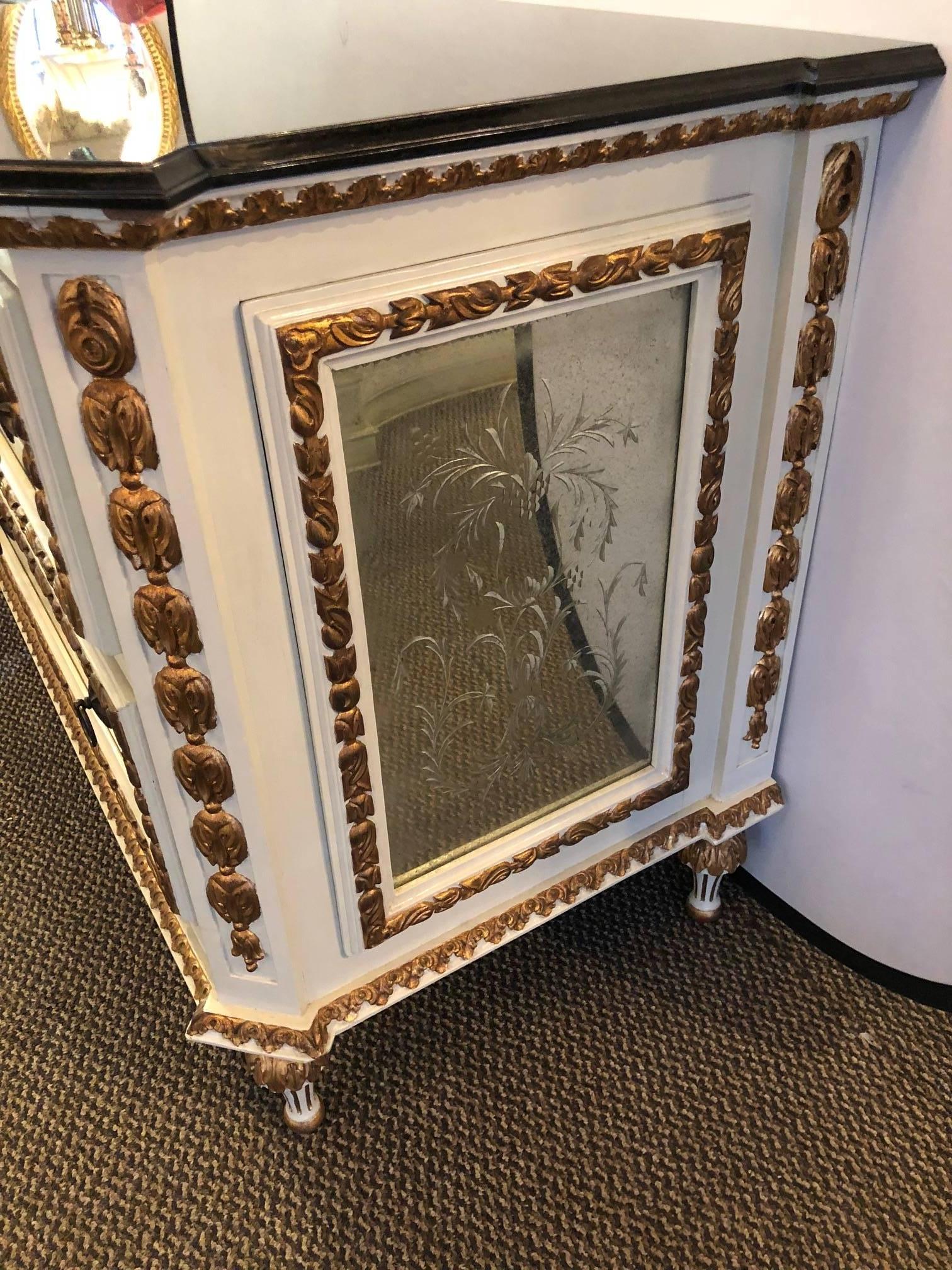 Pair of Painted Parcel-Gilt Etched Mirror Marble Top Commodes by Maison Jansen 4