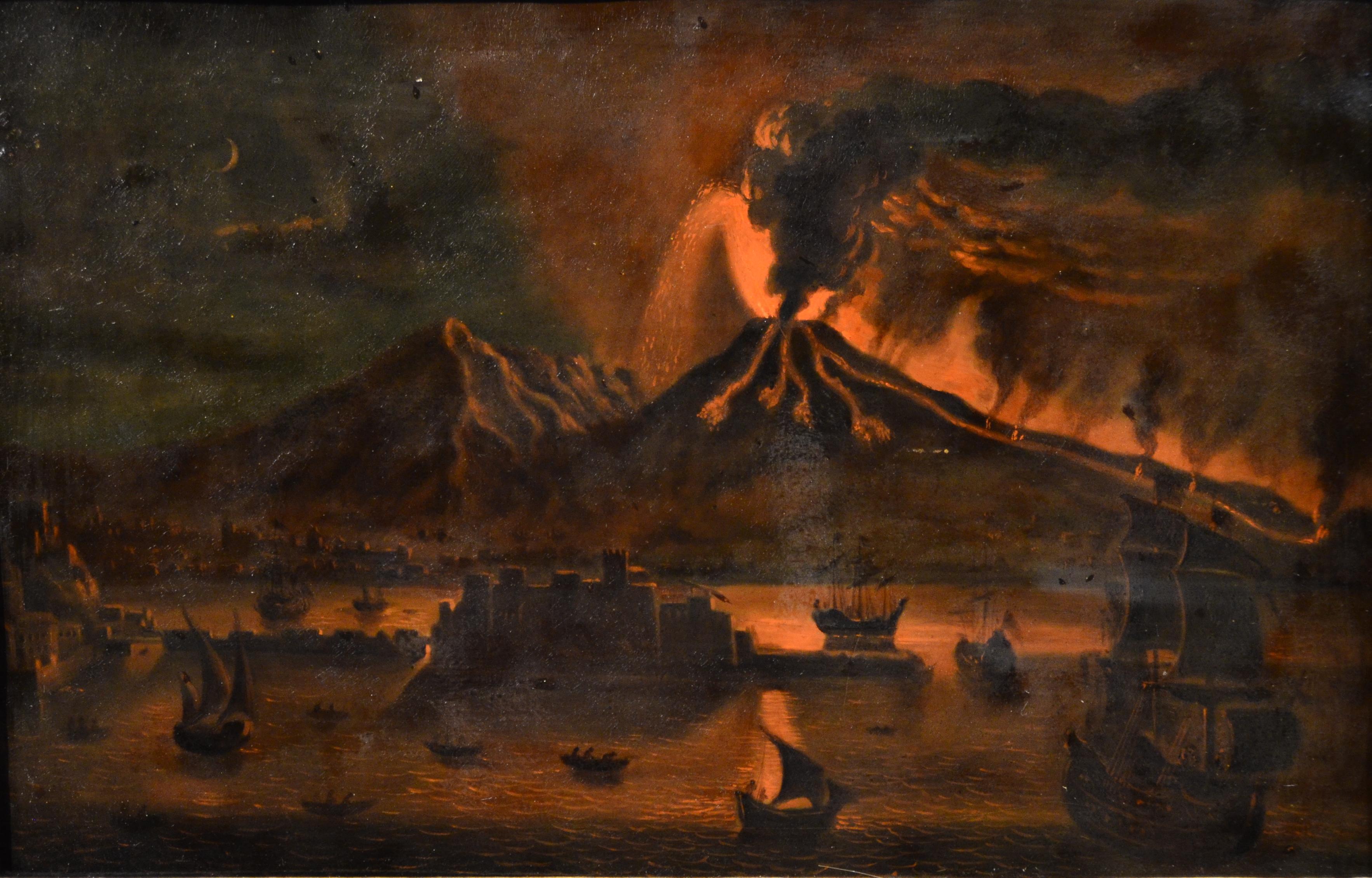 A great pair of small paintings depicting the eruption of Vesuvius and the burning of troy.

The frames, early 19th century.