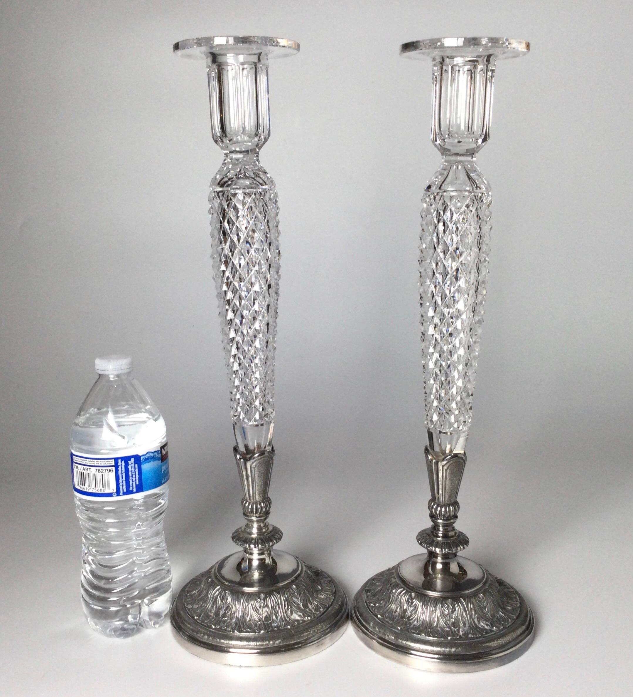 Pair of Pair Pont Cut Glass and Silver Plate Tall Candlesticks For Sale 2