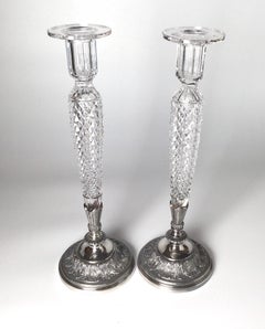 Pair of Pair Pont Cut Glass and Silver Plate Tall Candlesticks
