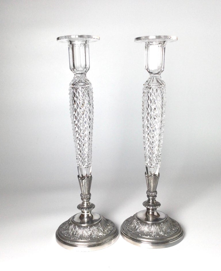 Pair of Pair Pont Cut Glass and Silver Plate Tall Candlesticks For Sale at  1stDibs | silver glass candlesticks