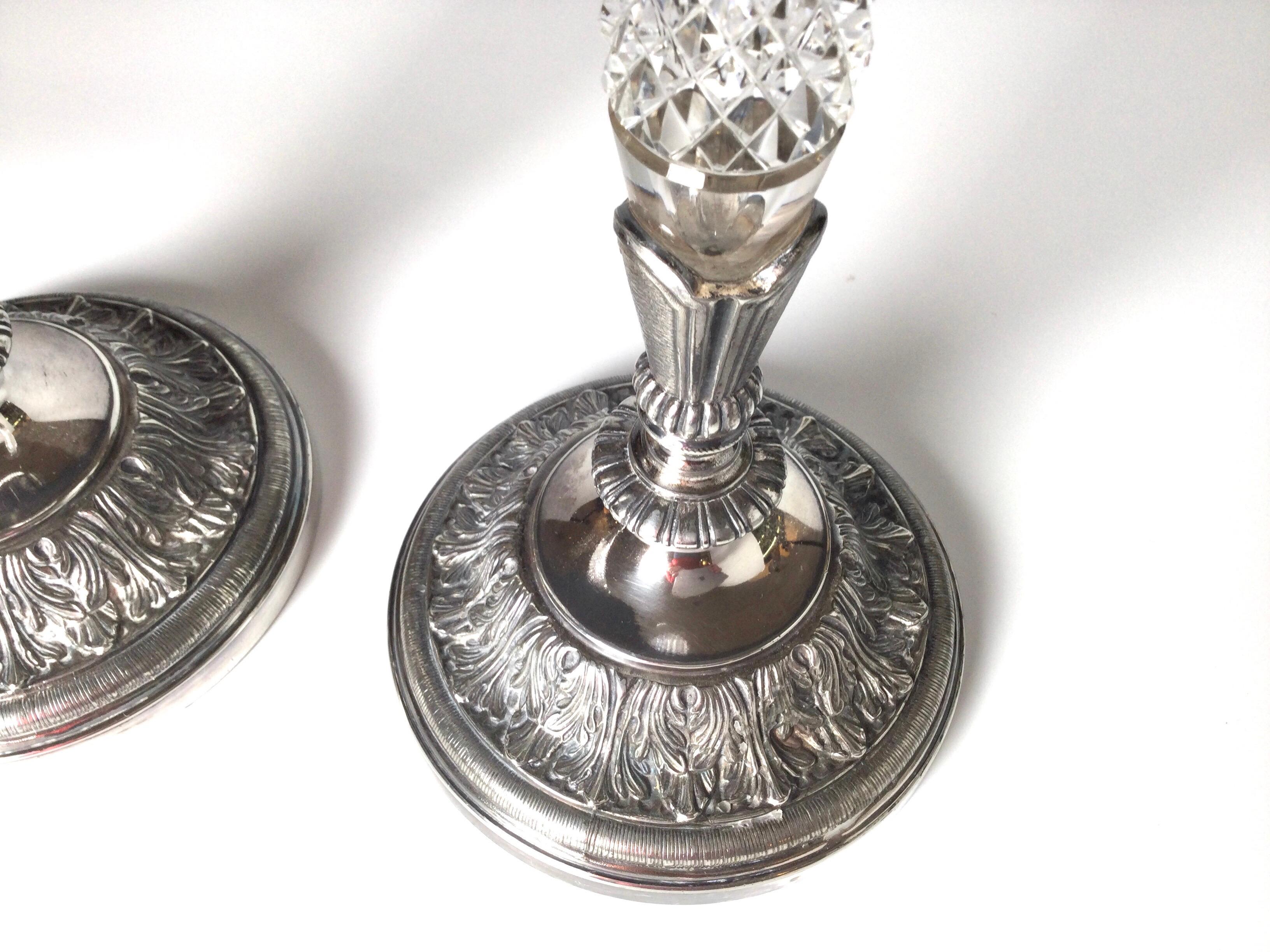 Edwardian Pair of Pair Pont Cut Glass and Silver Plate Tall Candlesticks For Sale