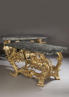 Pair of Palatial Giltwood Console Tables with Marble Tops, circa 1870