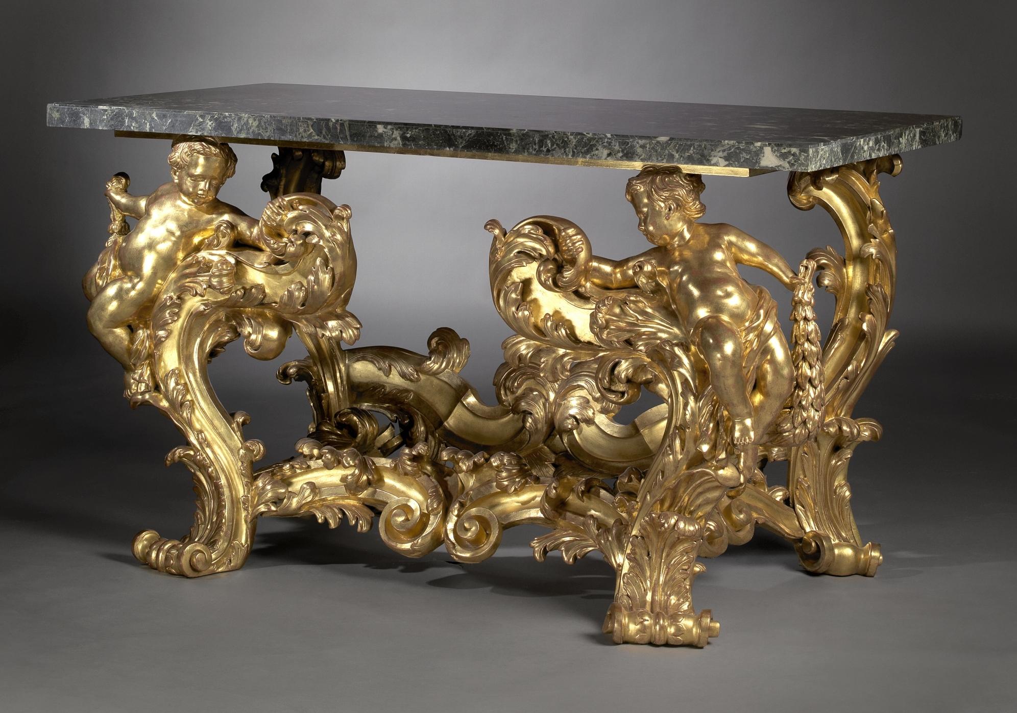 Italian Pair of Palatial Giltwood Console Tables with Marble Tops, circa 1870 For Sale