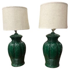 A pair of Palm Beach Chic Green Basket Weave Ceramic Table Lamps