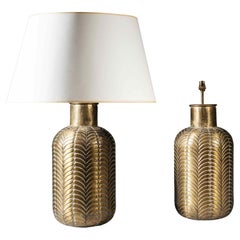 Pair of Palm Leaf Pattern Brass Lamps