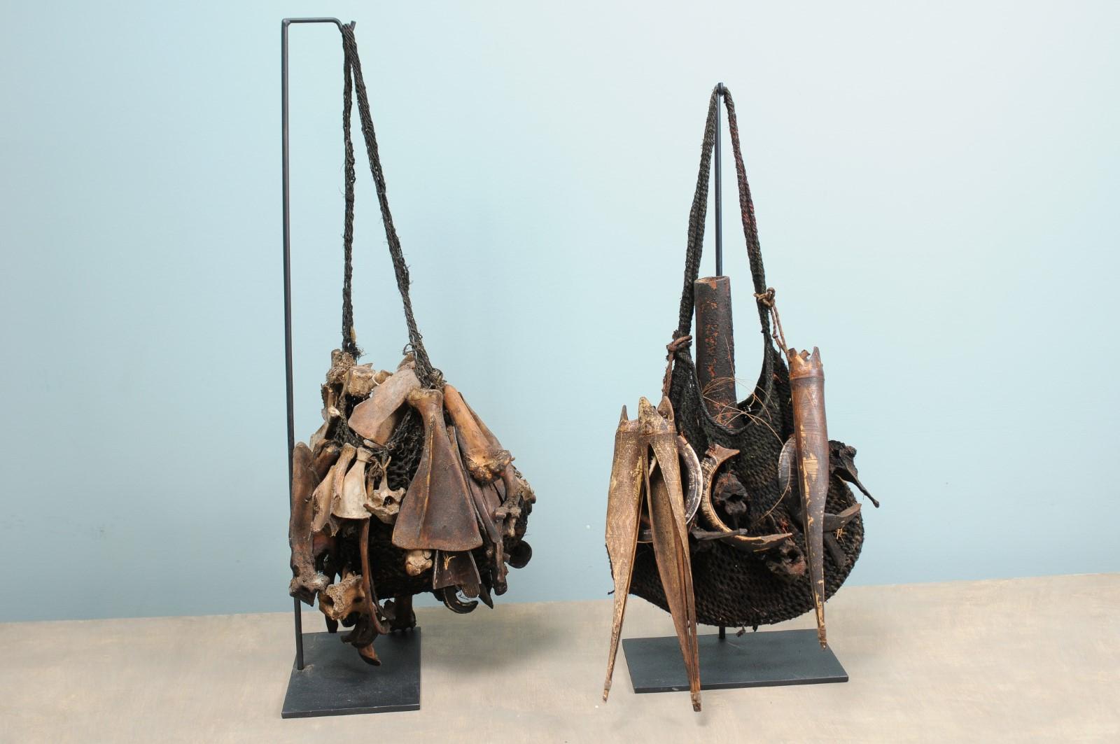 Bone Pair of Papua New Guinea Tribal Medicine Bags from Mid-20th Century