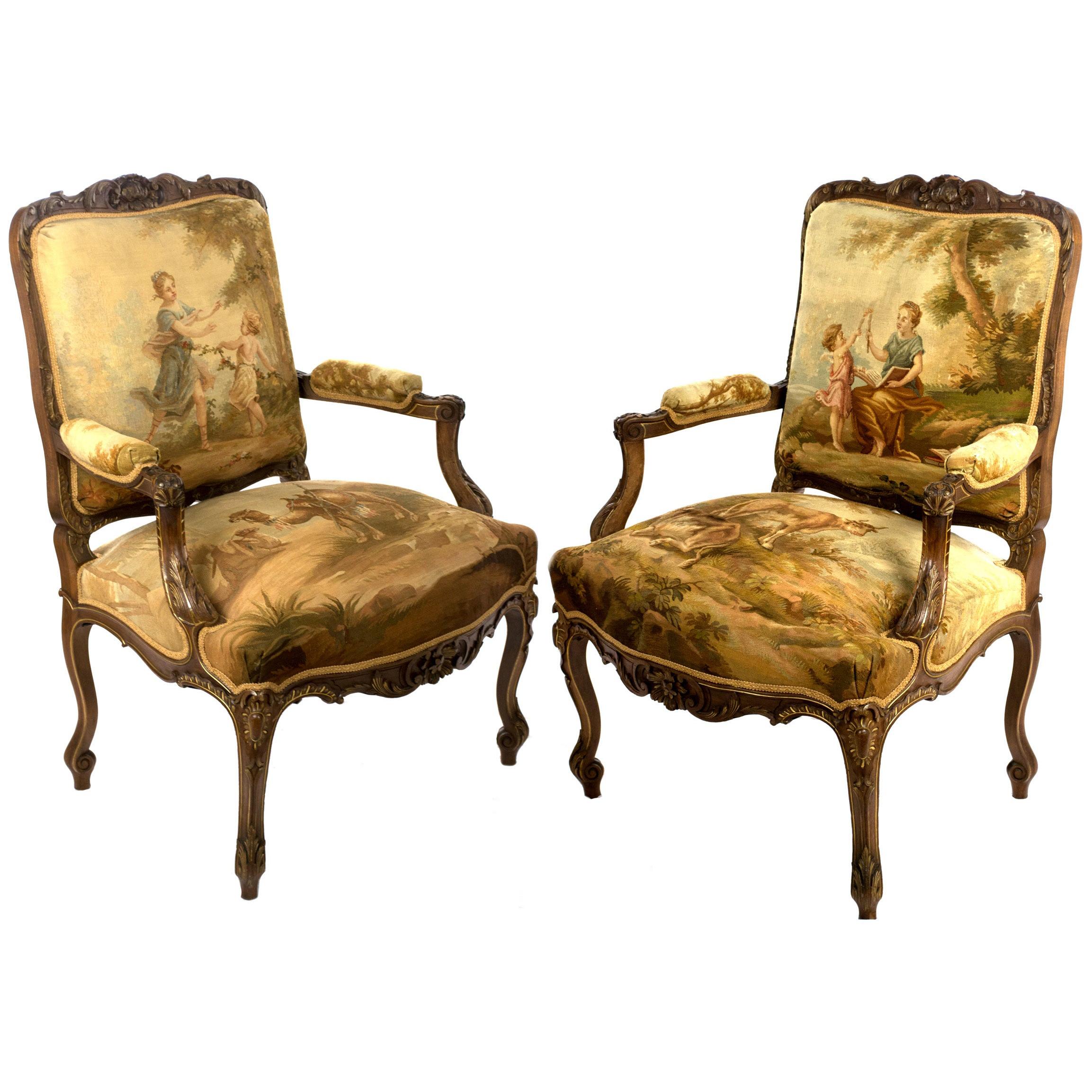 A Pair of Parcel-gilt Aubusson Tapestry Walnut Armchairs For Sale