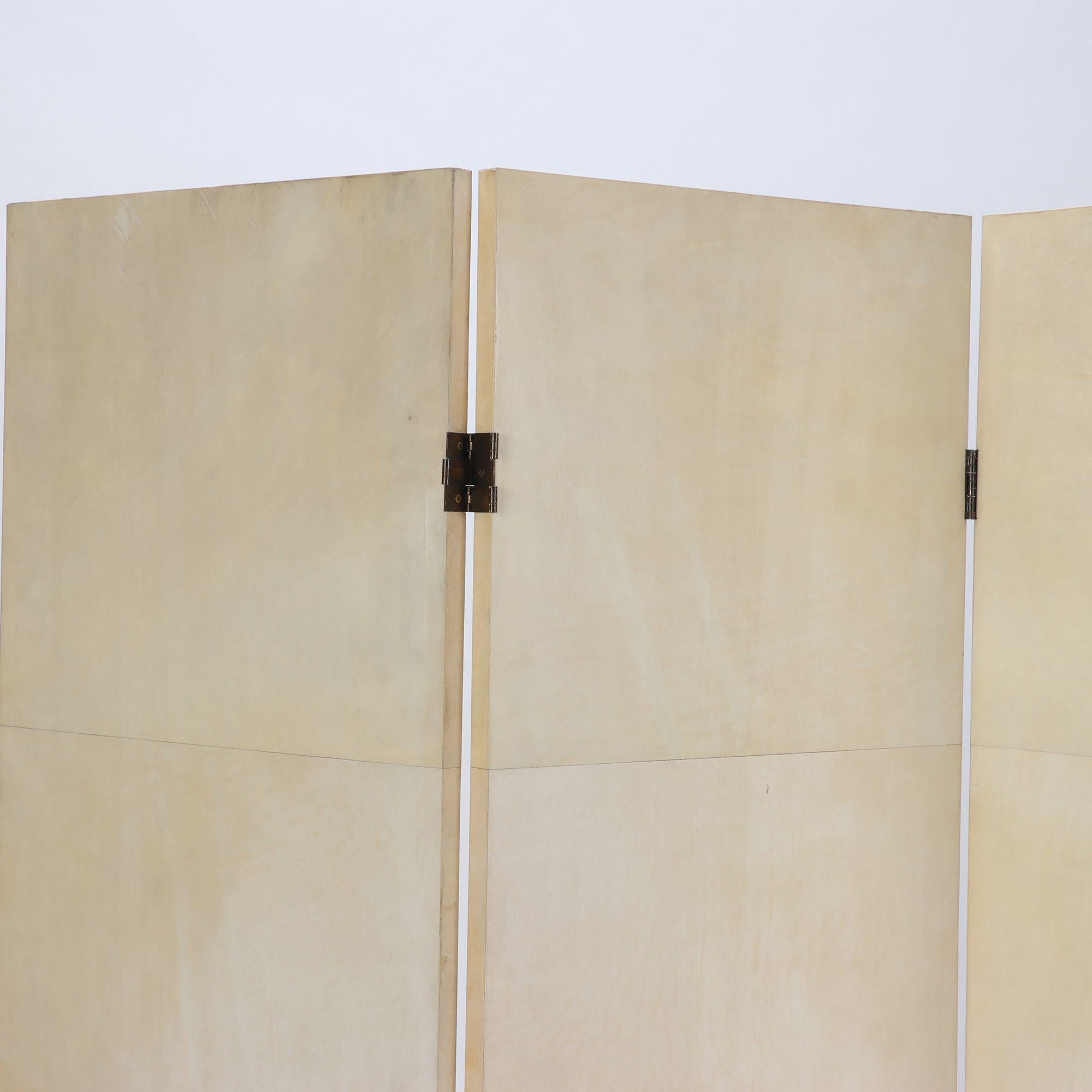 Pair of Parchment Covered Three Panel Folding Screens, Contemporary In Good Condition In Philadelphia, PA
