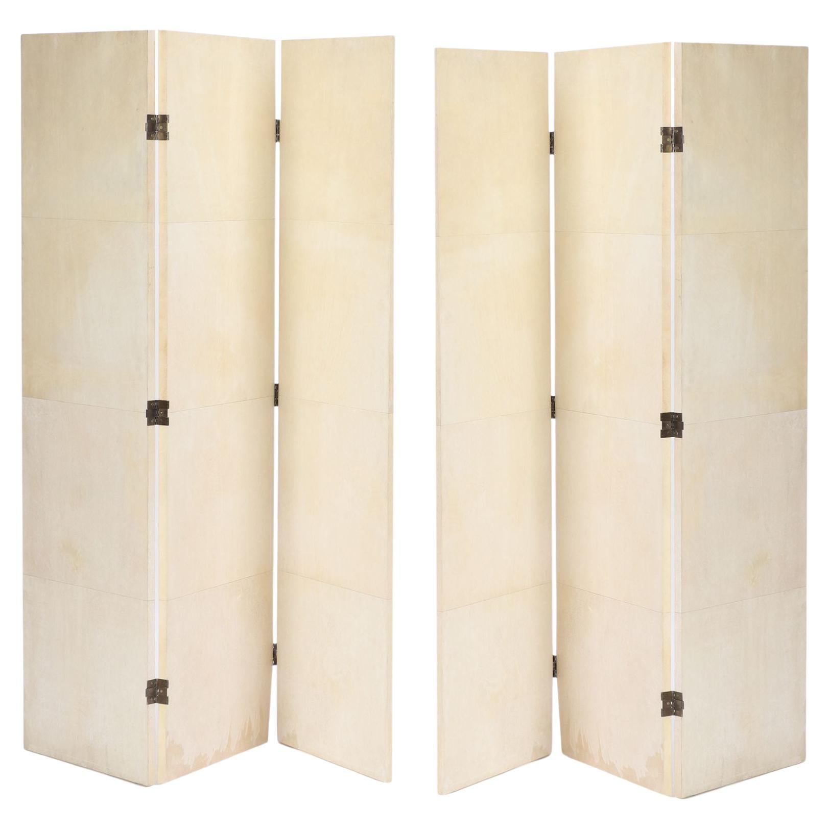 Pair of Parchment Covered Three Panel Folding Screens, Contemporary