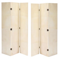Pair of Parchment Covered Three Panel Folding Screens, Contemporary