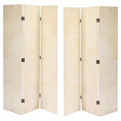 Pair of Parchment Covered Three Panel Folding Screens, Contemporary
