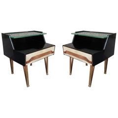 Pair of Parchment, Rosewood and Brass Midcentury Italian Bedside Tables, 1950