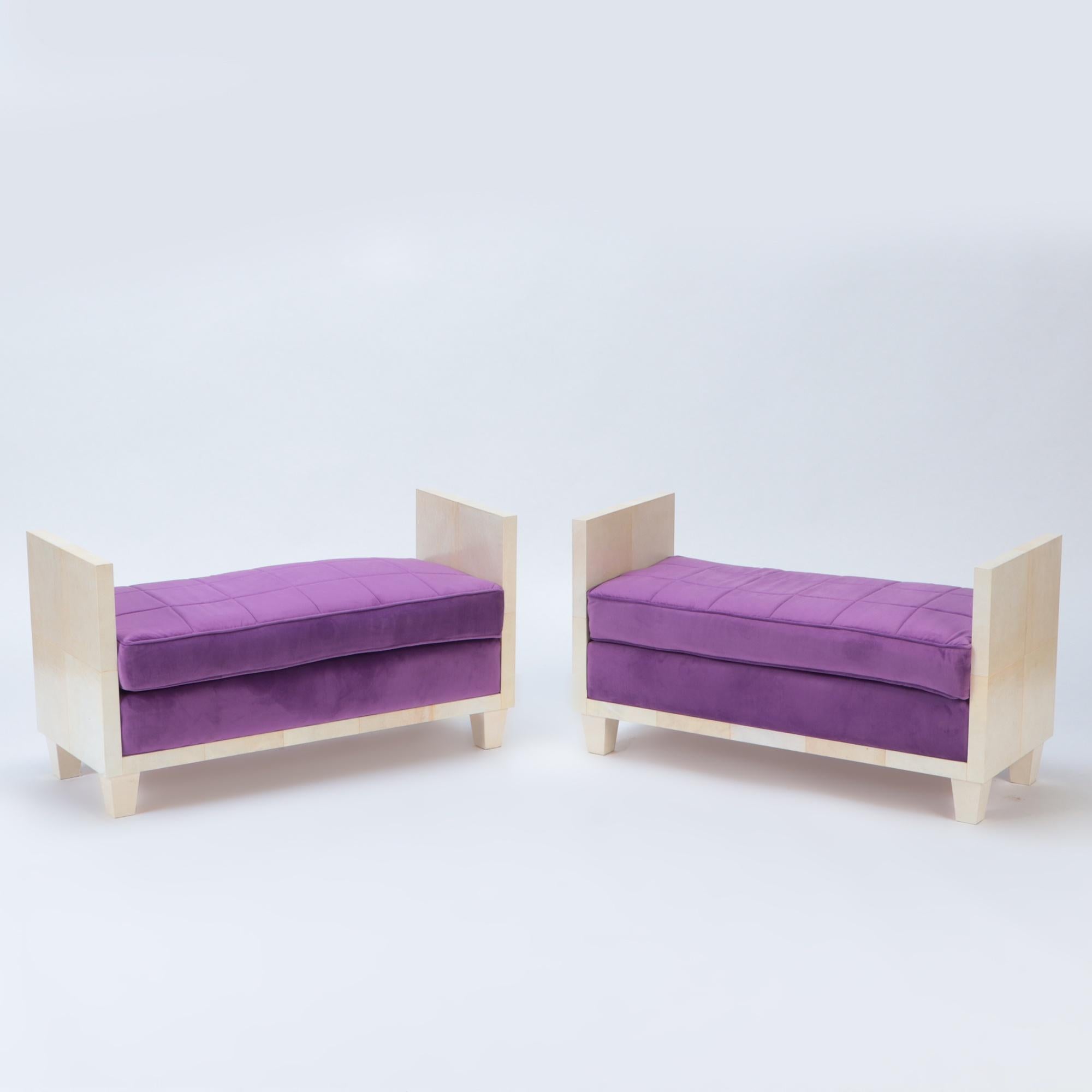 A pair of parchment upholstered benches in the manner of Jean-Michel Frank. Contemporary. Beautiful addition to any room.
