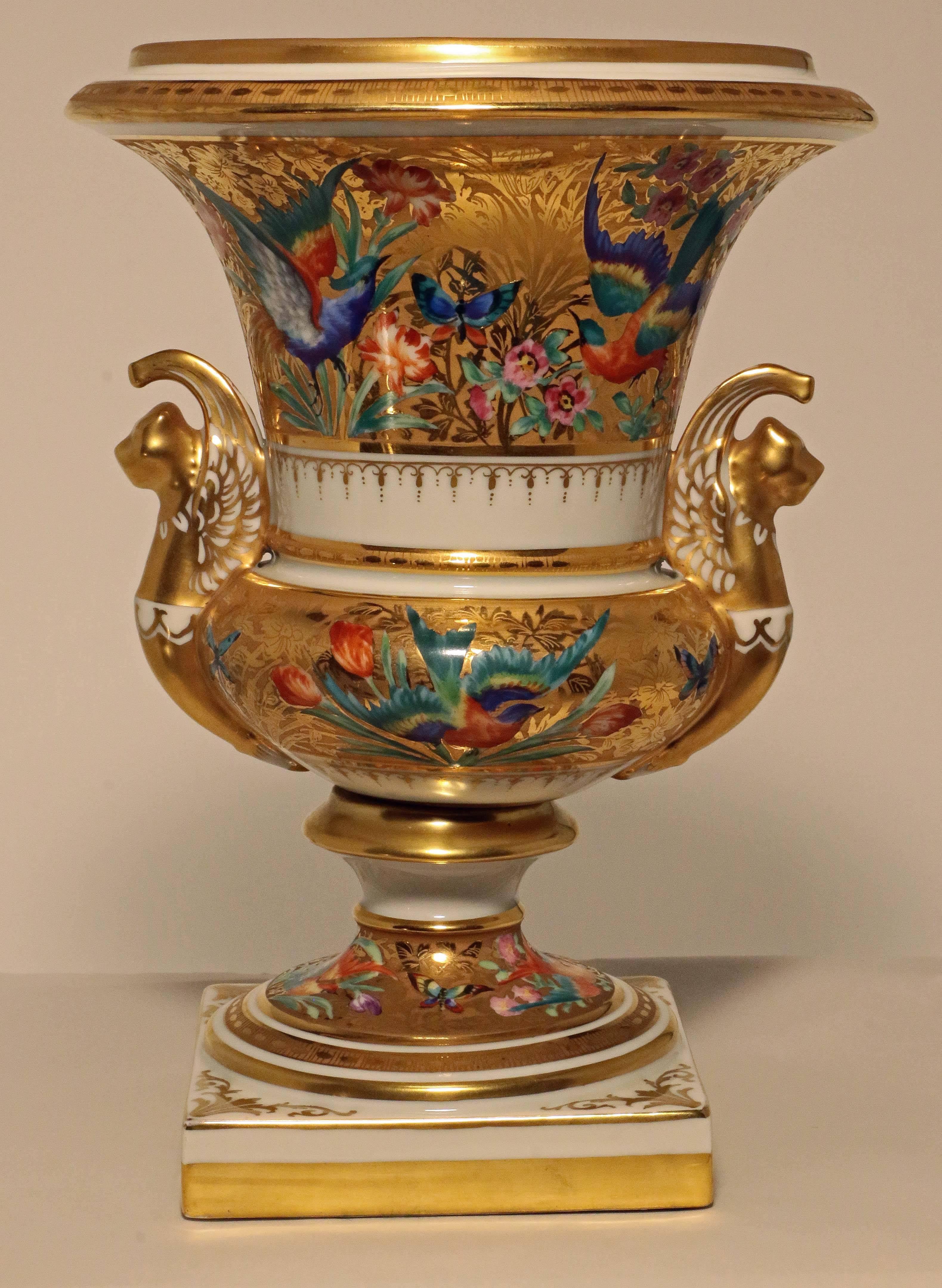 French Pair of Paris Empire Style Porcelain Urns, Painted and Gilt