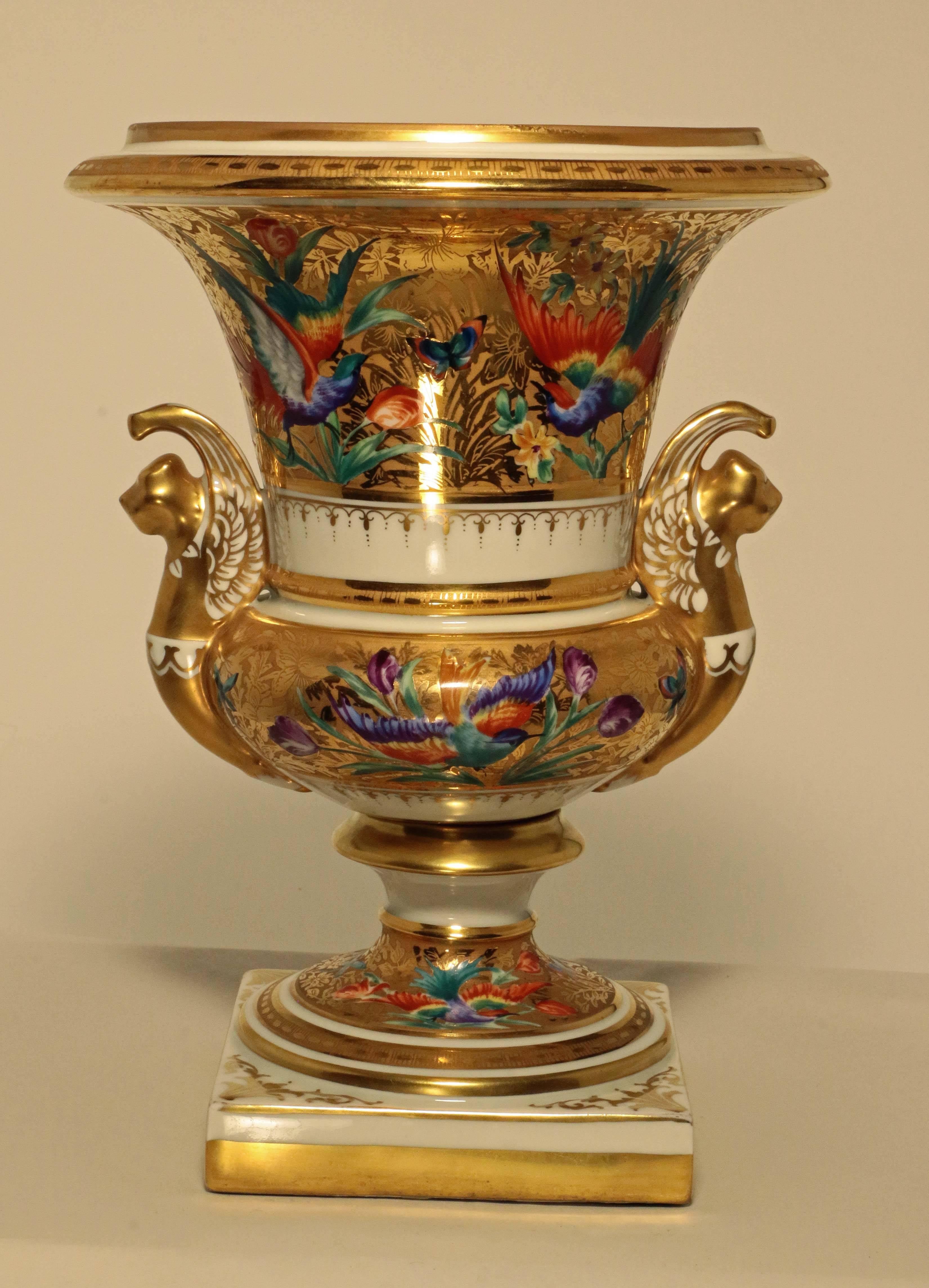 Pair of Paris Empire Style Porcelain Urns, Painted and Gilt In Good Condition In Montreal, QC