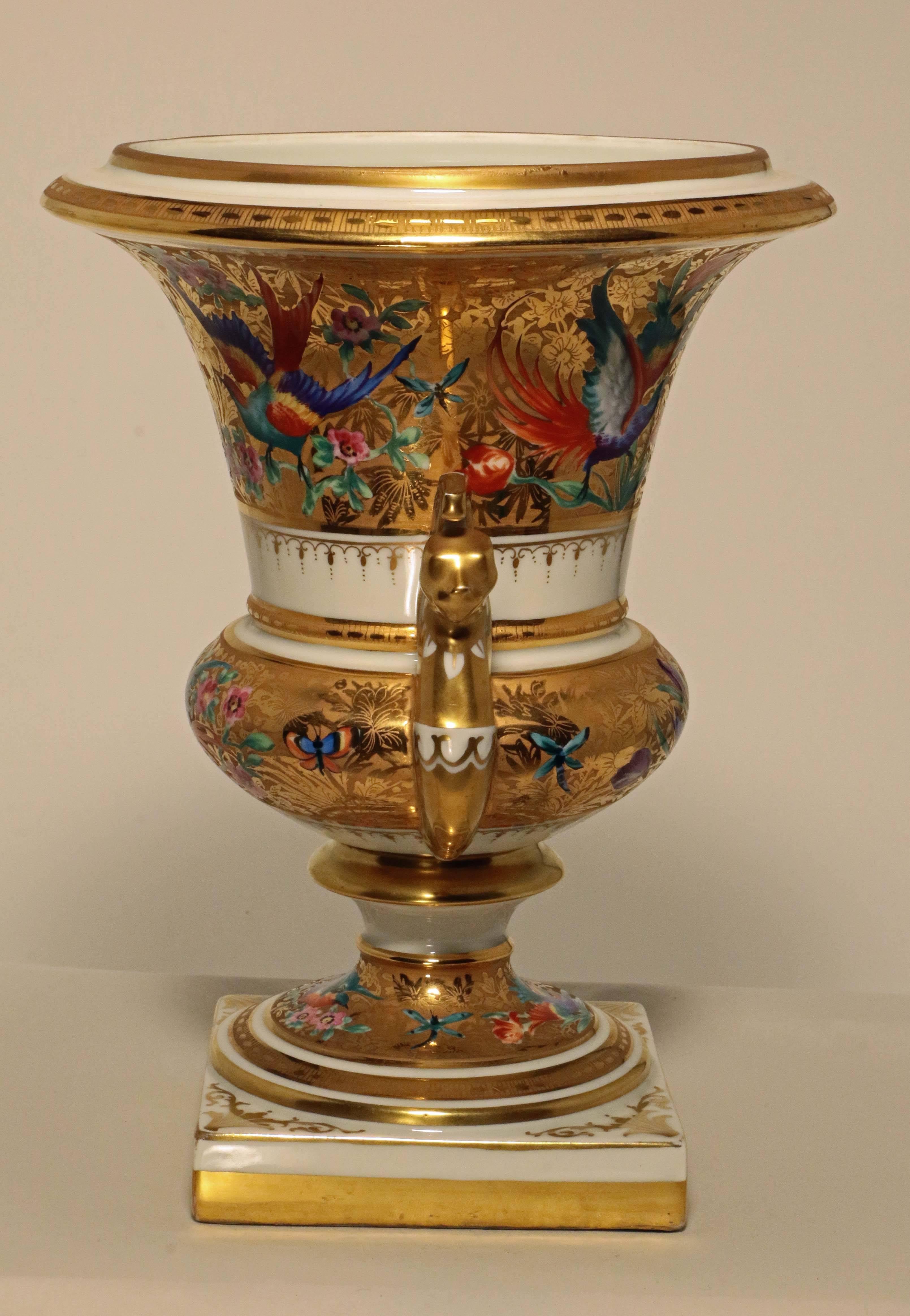 20th Century Pair of Paris Empire Style Porcelain Urns, Painted and Gilt