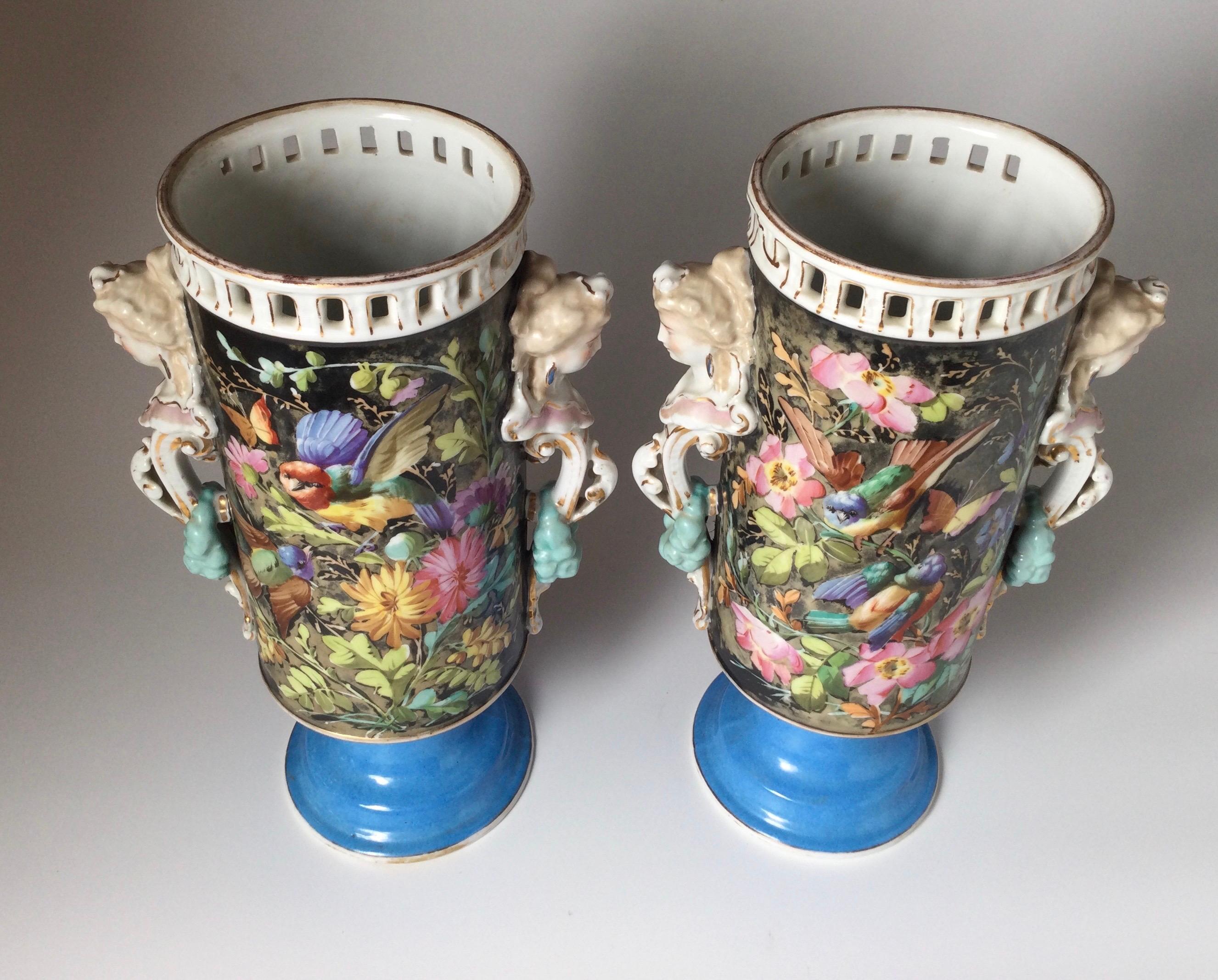 Pair of Paris Porcelain Hand Painted Cylinder Vases  For Sale 2