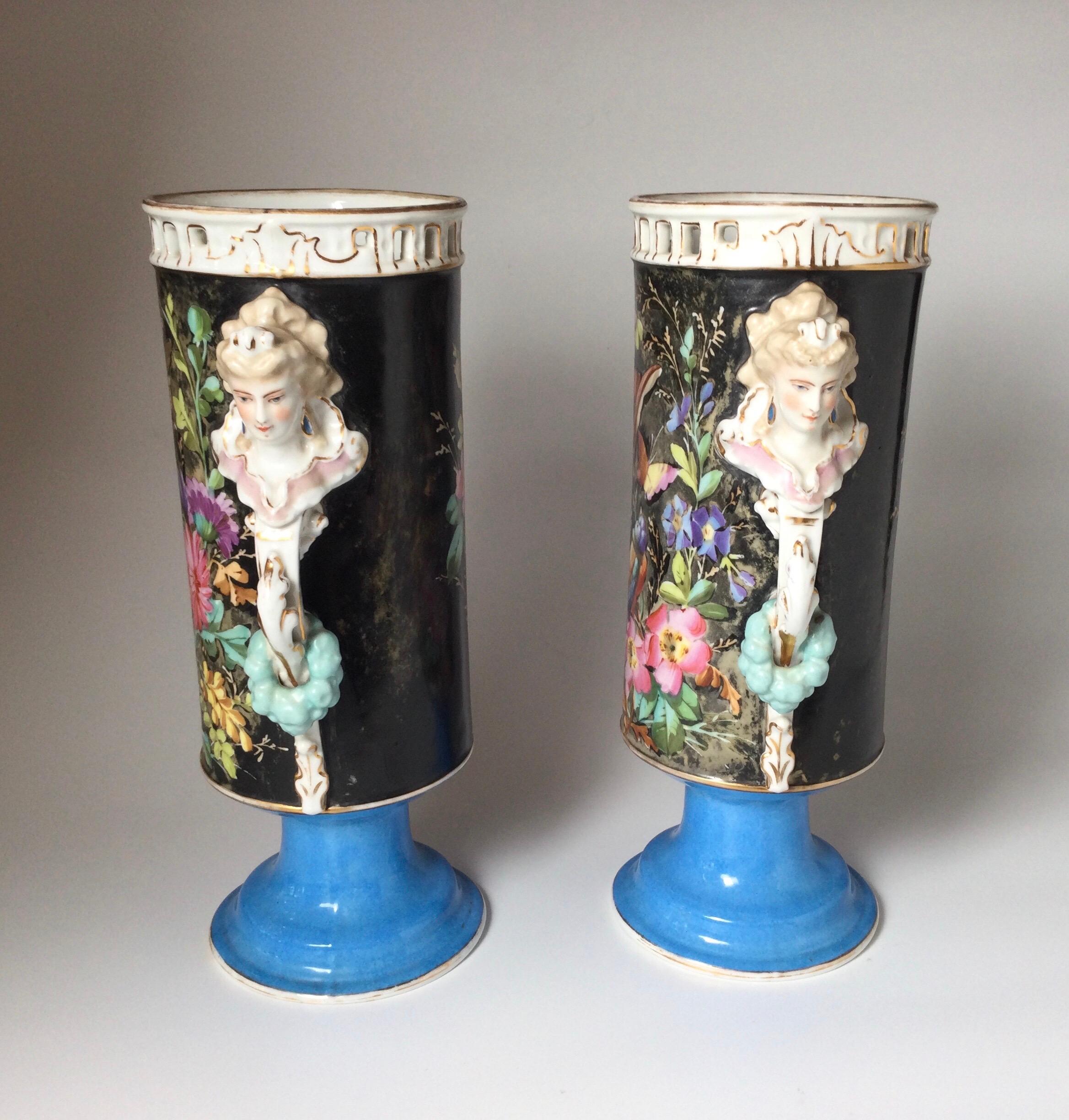 French Pair of Paris Porcelain Hand Painted Cylinder Vases  For Sale