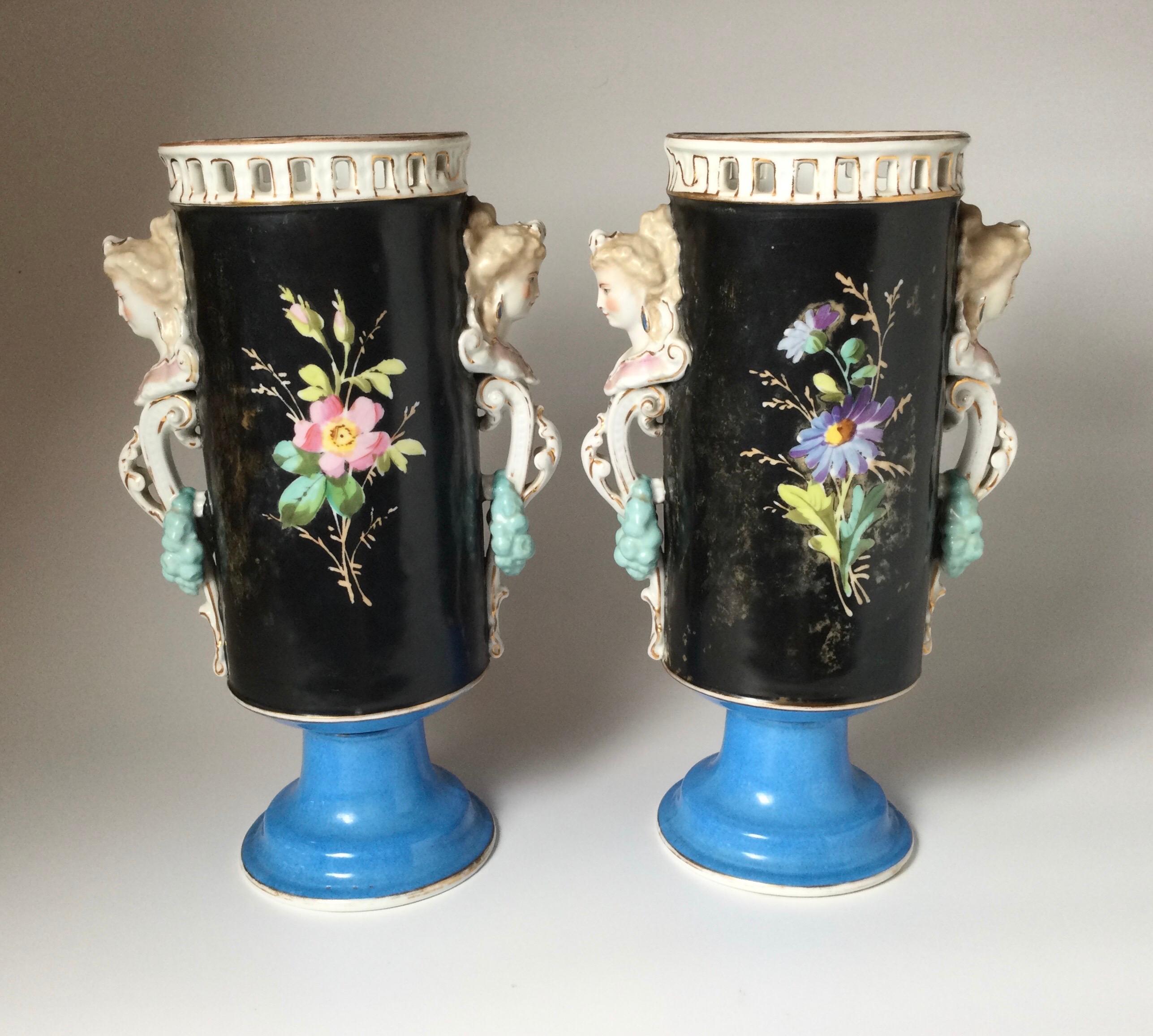 Hand-Painted Pair of Paris Porcelain Hand Painted Cylinder Vases  For Sale